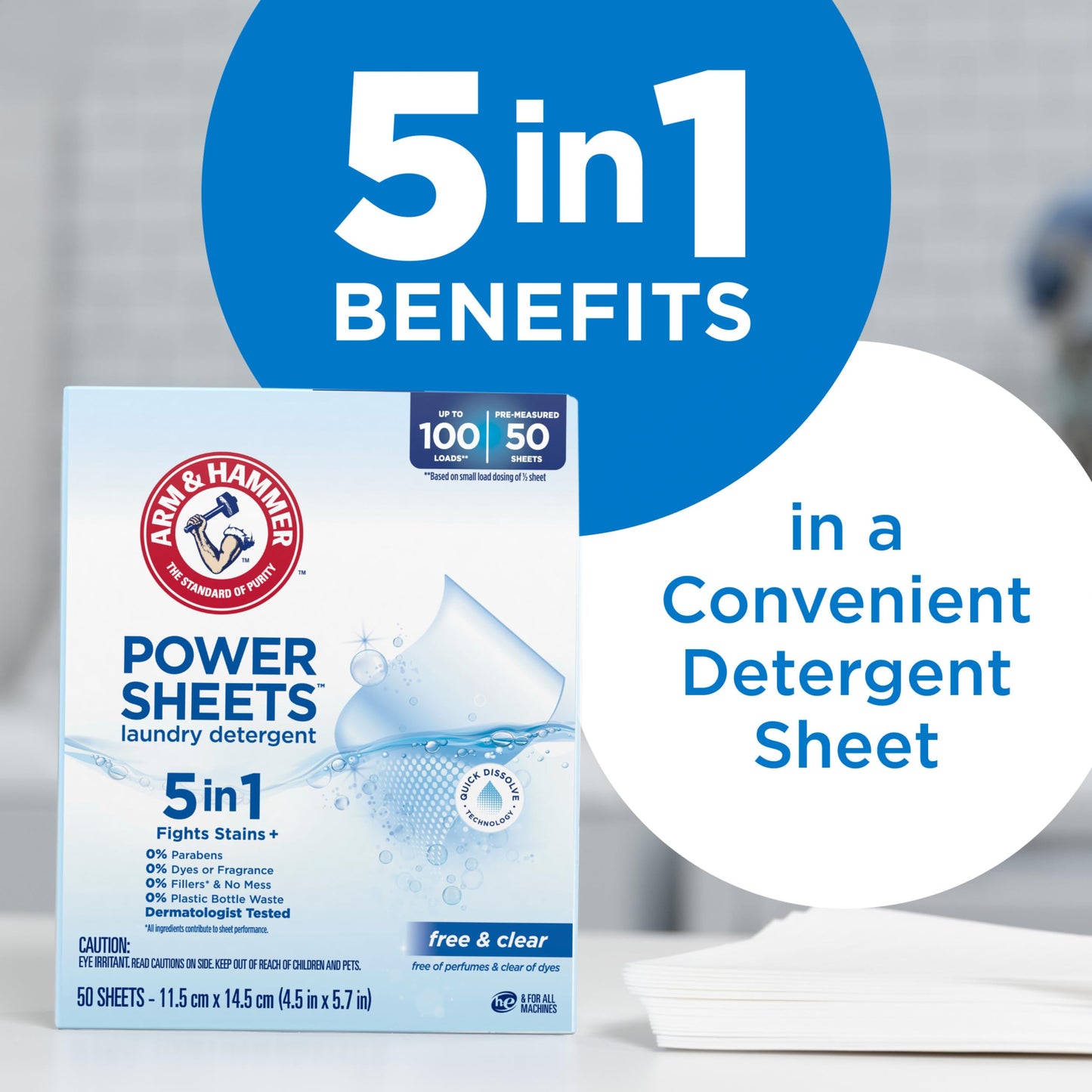 Arm & Hammer Power Sheets Laundry Detergent, Fragrance Free 50ct, 50 loads