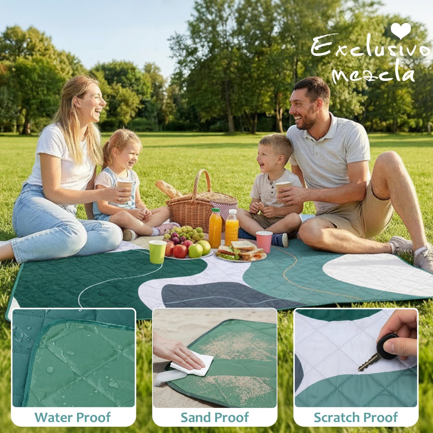 Exclusivo Mezcla Waterproof Picnic Blankets 3-Layer 60x80 Inches Large Sandproof Beach Blanket Foldable Outdoor Blanket for Camping on Grass Picnic Mat, Abstract Green