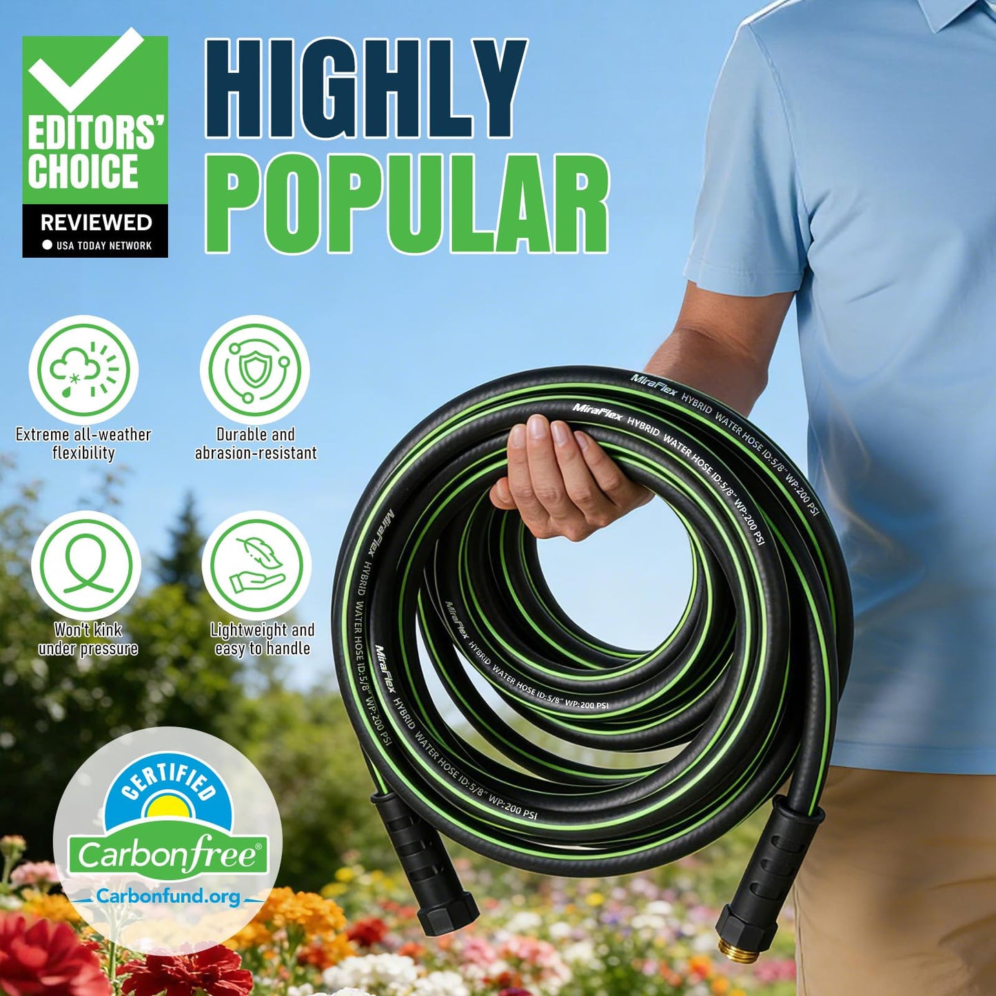 MiraFIex Non-Expanding Garden Hose 25ft, Lightweight Flexible Water Hose with Kink-Resistant, Solid Fittings, 5/8 Inch 600PSI, for Small Yard, RV, Car Wash