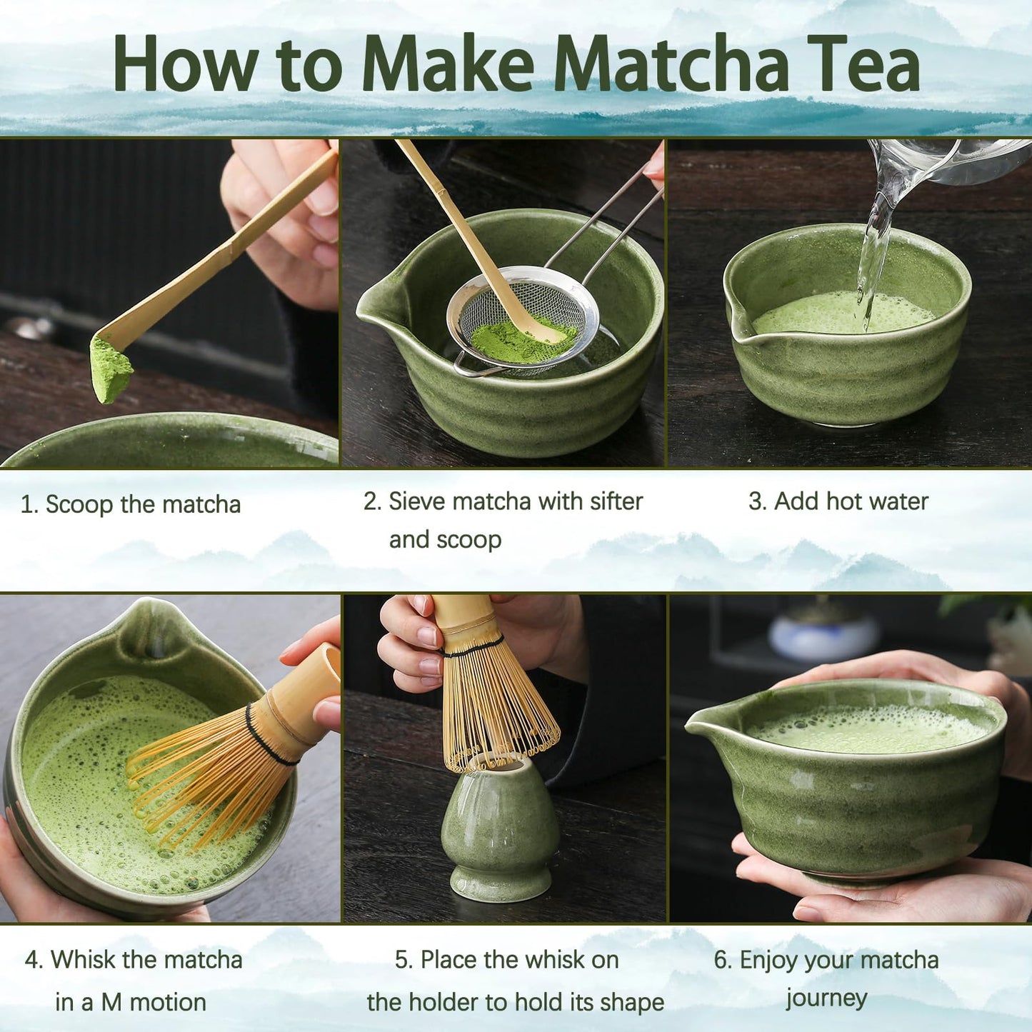 Buucup Matcha Whisk Set, Matcha Bowl with Spout, Matcha Whisk and Holder, Bamboo Matcha Scoop and Stainless Sifter - 5 Pcs Jade Green Matcha Kit for Matcha Lover