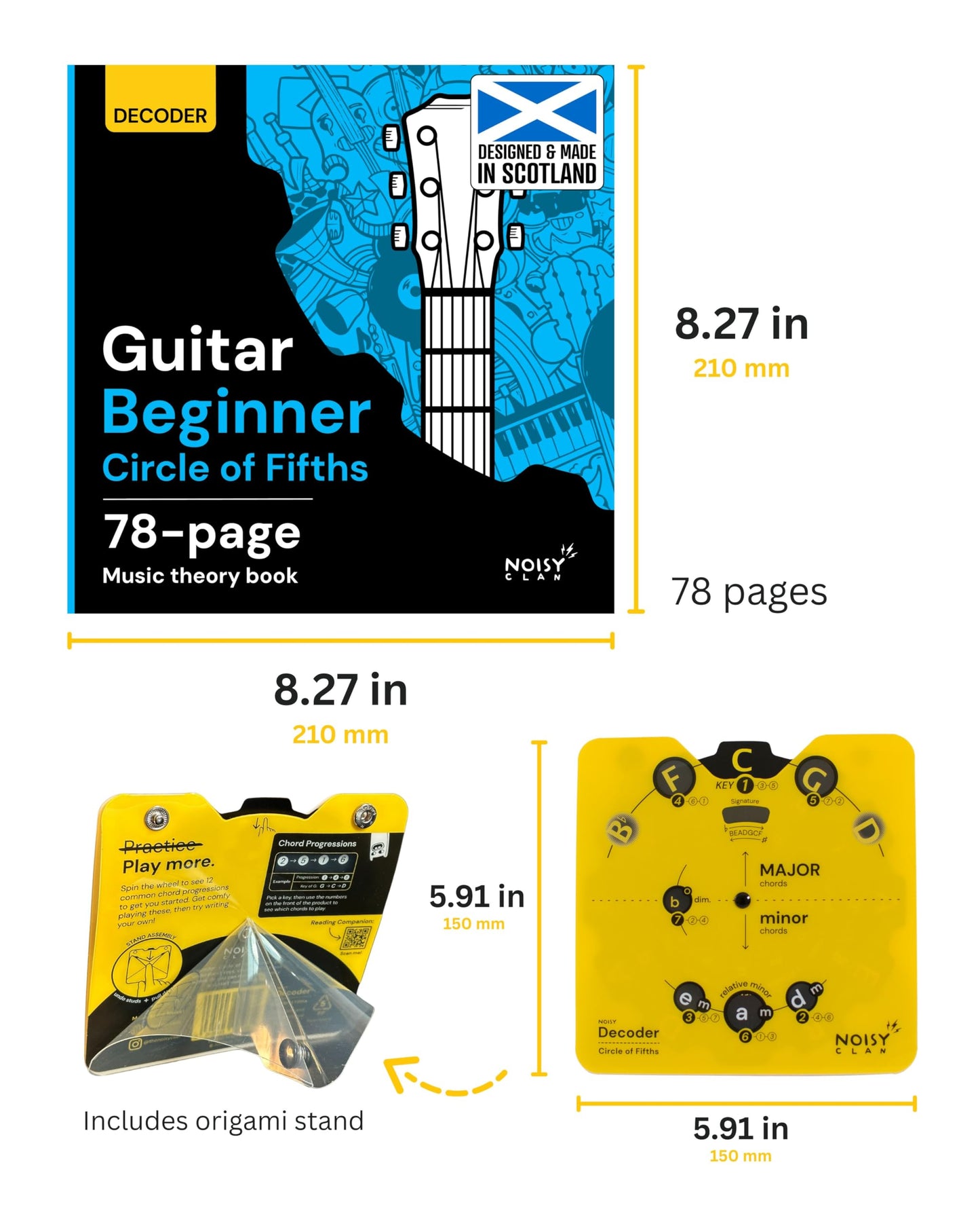 Noisy Clan Guitar Circle of Fifths Wheel & 78-Page Theory Book - Identify Keys and Transpose Music Easily - Master Songwriting and Composition - Durable 6" x 6" Decoder
