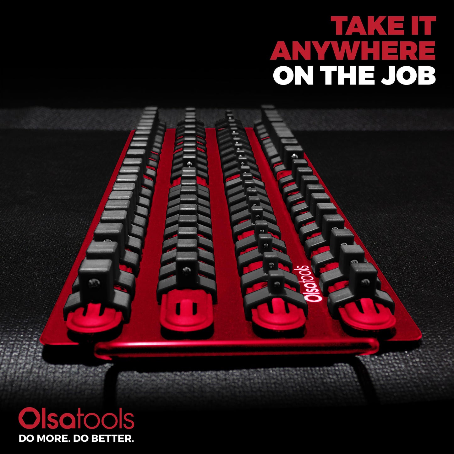 Olsa Tools Socket Organizer Tray - Red Rails with Black Clips - Holds up to 80 Sockets - Professional Tool Storage Rack - Part: 1047