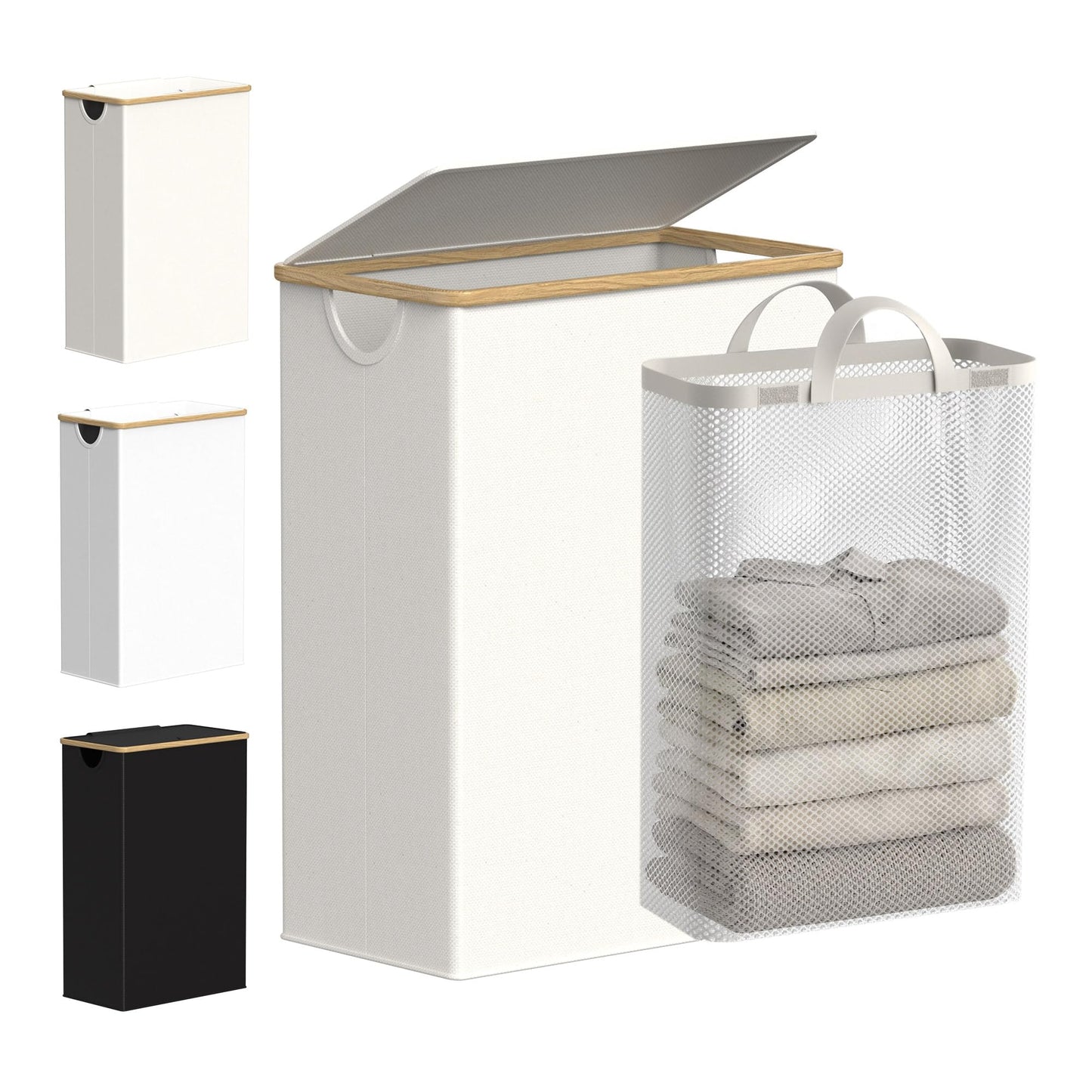 efluky Slim Laundry Basket with Lid, Narrow Laundry Hamper with Removable Bag, Skinny Dirty Clothes Basket with Bamboo Handles for Bathroom, Bedroom & Laundry Room, 65L Beige