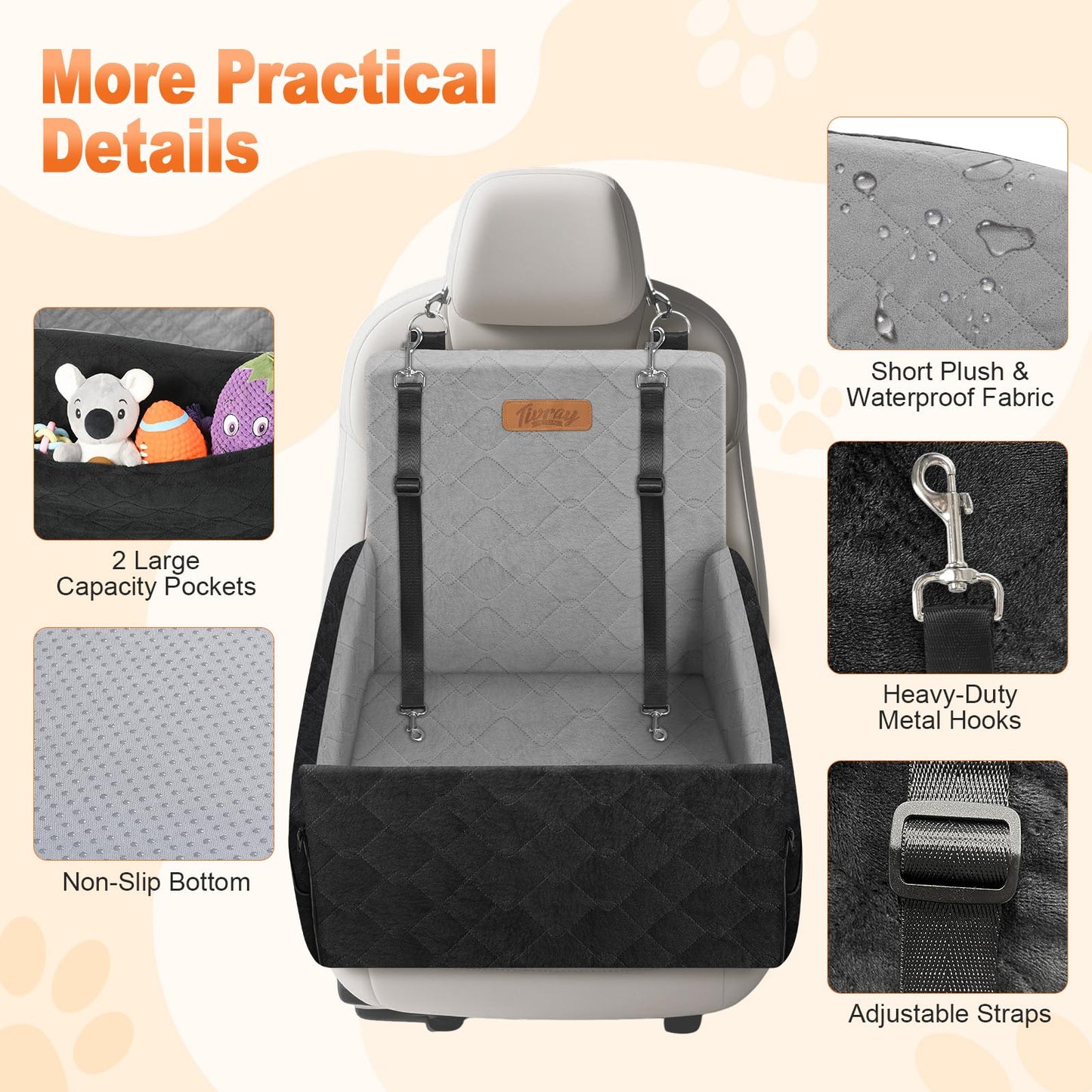 Tivray Elevated Dog Car Seat, Dog Booster Car Seats for Small & Medium Breeds Up to 35lbs, Fully Detachable and Washable, Memory Foam Pet Carseat with 2 Storage Pockets & 3 Safety Belts, Black & Gray
