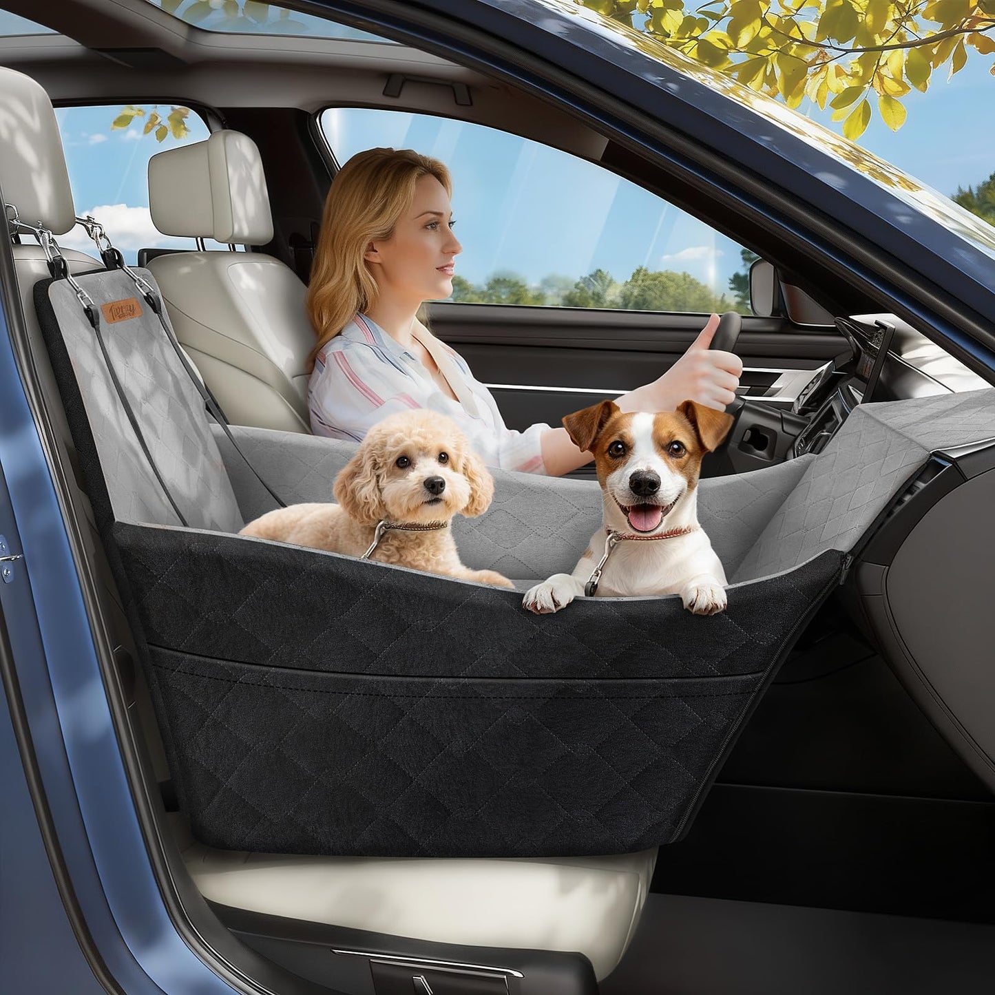 Tivray Elevated Dog Car Seat, Dog Booster Car Seats for Small & Medium Breeds Up to 35lbs, Fully Detachable and Washable, Memory Foam Pet Carseat with 2 Storage Pockets & 3 Safety Belts, Black & Gray
