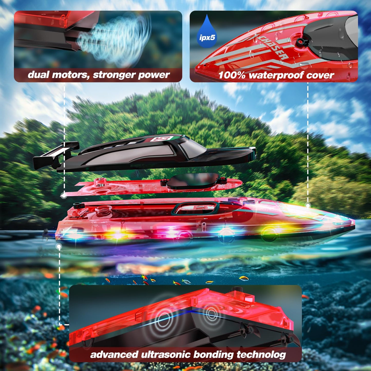 RC Boat with Dazzling LED Lights, 2.4Ghz Remote Control Racing Boats for Kids 8-12,Toy Water Boat for Pools and Lakes with Waterproof,Rechargeable Battery, for Boys Girls RED