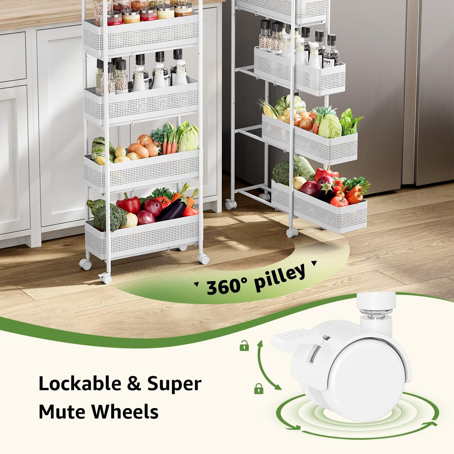 KINGRACK 5-Tier Slim Storage Cart with Pull Out Basket, Rolling Bathroom Organizer Utility, Metal Shelving Unit Slide Out, Lockable Wheels, Easy Assembly for Narrow Place, Kitchen, Laundry Room