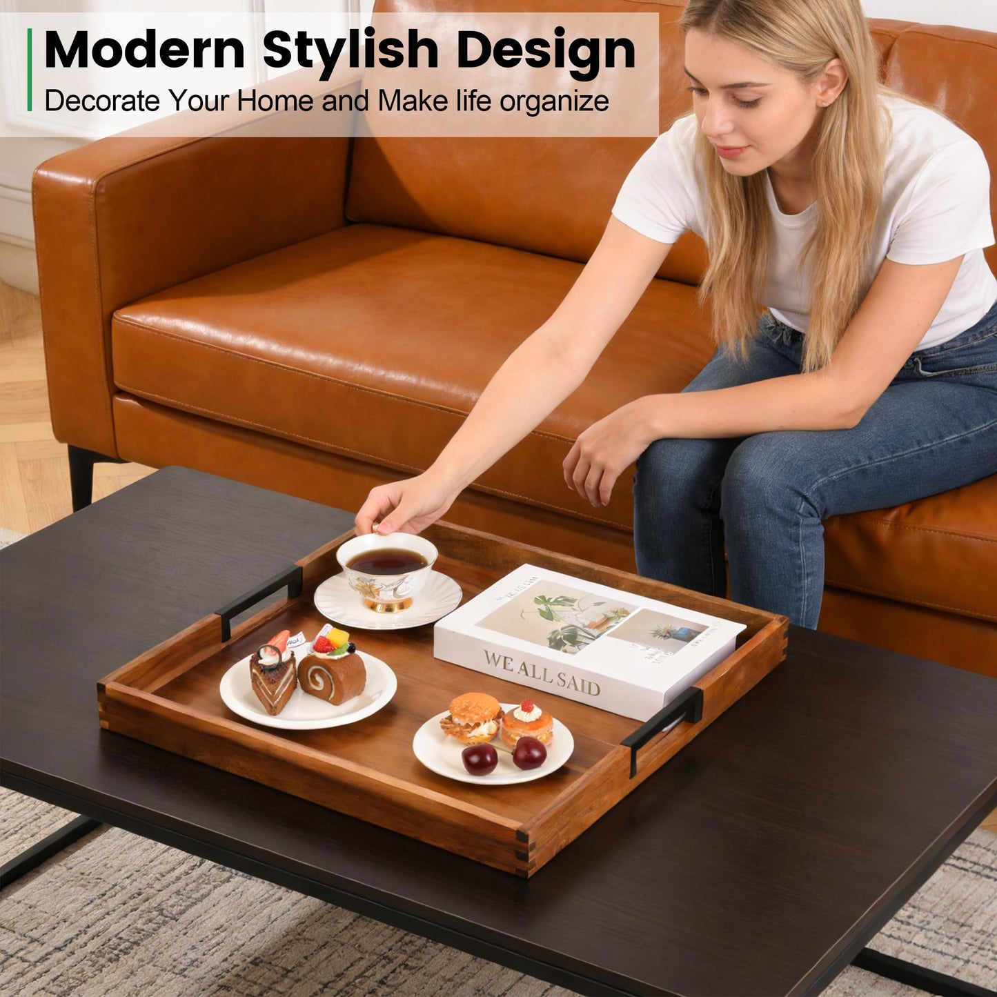 Large Square Ottoman Tray for Living Room and Coffee Table Decorative Acacia Wood Serving Tray with Handles for Breakfast in Bed, Dinner Food TV (Natural, 43.2 x 43.2 x 5 cm)