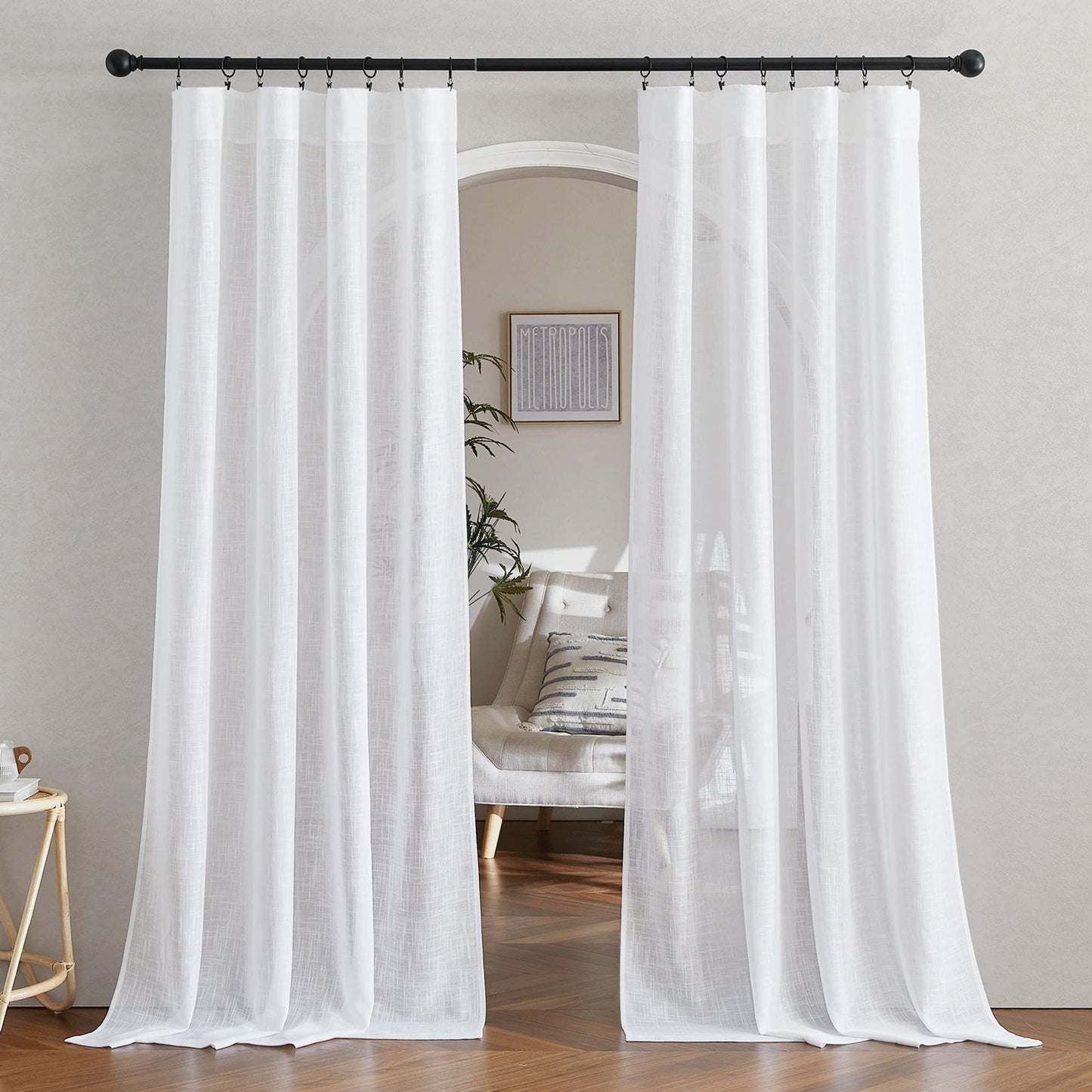 NICETOWN Linen Textured White Sheer Curtains 84 inches Long for Living Room, Semi Sheer Voile Panels Rod Pocket & Back Tab Design Translucent Privacy Protect for Bedroom/Kitchen, 52W x 84L, Set of 2