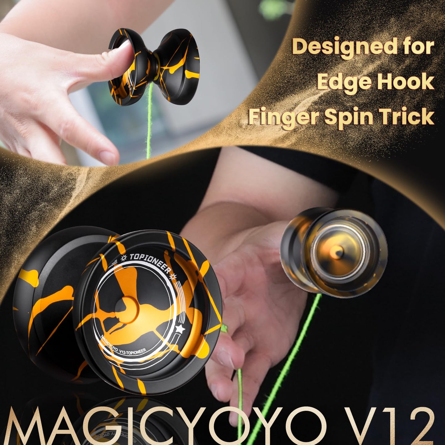 MAGICYOYO V12 Responsive Yoyo for Kids & Beginner, Unresponsive Yo yo for Adults, Professional Yo-yo for Finger Spin Trick with 12 Strings & Yo-Yos Accessory Kit (Black Gold Splash