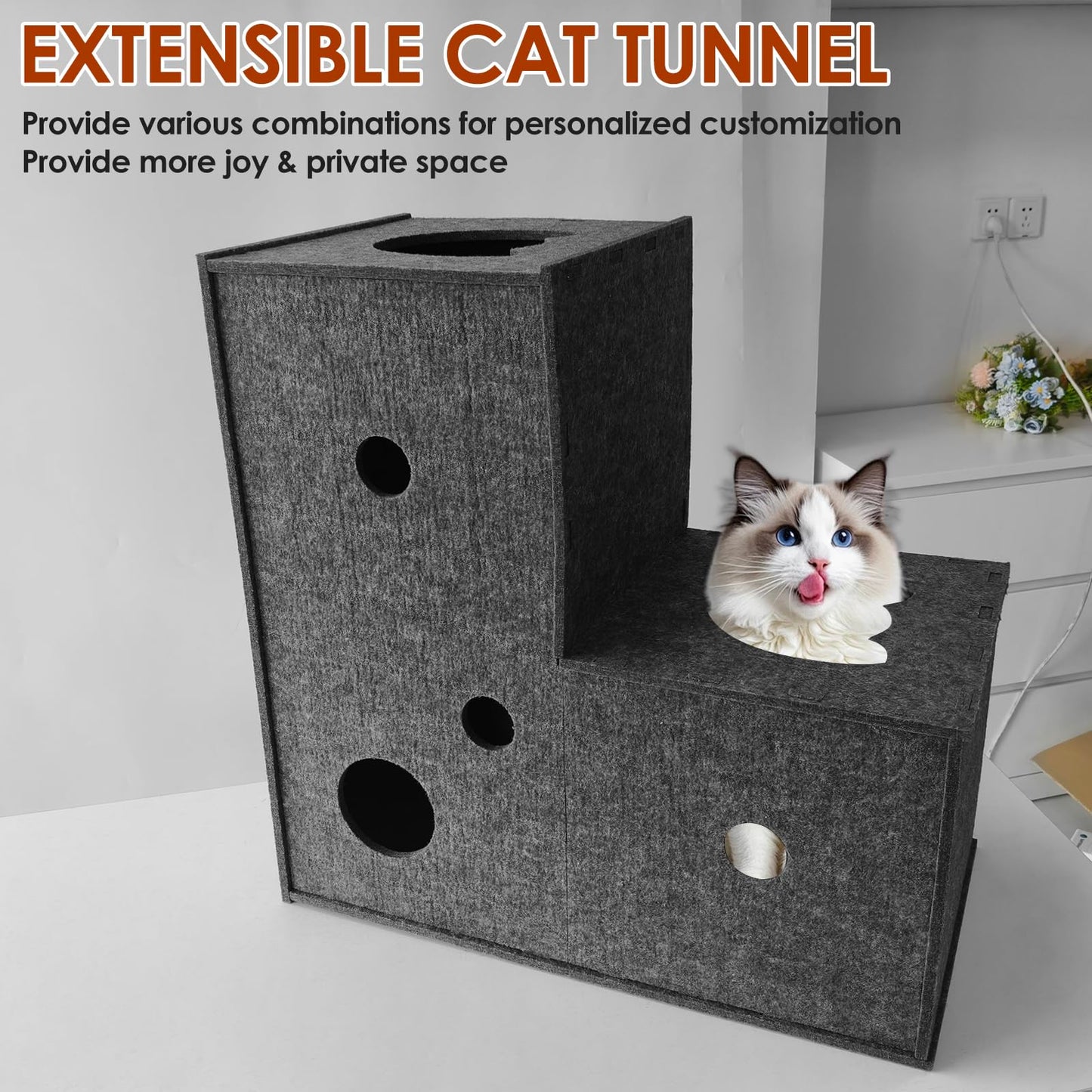 Cat Tunnel for Indoor Cats,DIY Transformable Cat Hideaway Cave,Kitten Play Tubes and Tunnels,Felt Peekaboo Cat Toy with Interactive Peek Holes (Grey, L-Shape Tunnel)