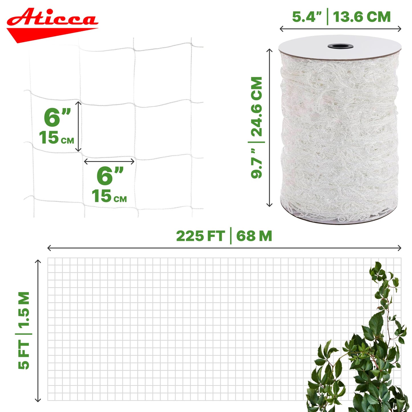 White Trellis Net for Garden 5 ft x 225 ft – Heavy Duty Polyester Trellis Netting Roll with 6 Inch Mesh for Vine Plants, Flowers, Peas and Tomatoes