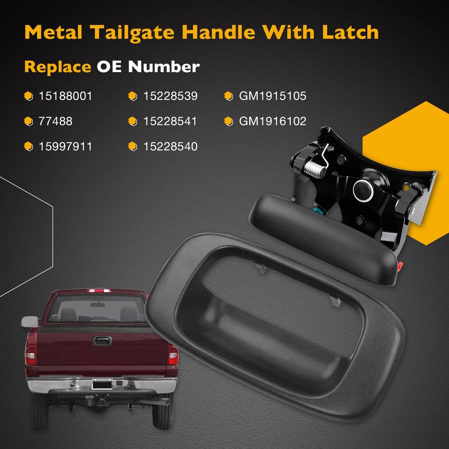 15997911 Upgraded Metal Tailgate Handle Latch, with Plastic Bezel Trim Rod Clips, Compatible with 1999-2007 Chevy Silverado GMC Sierra 1500 2500 3500, Replaces# 15228539 15228541 15228540