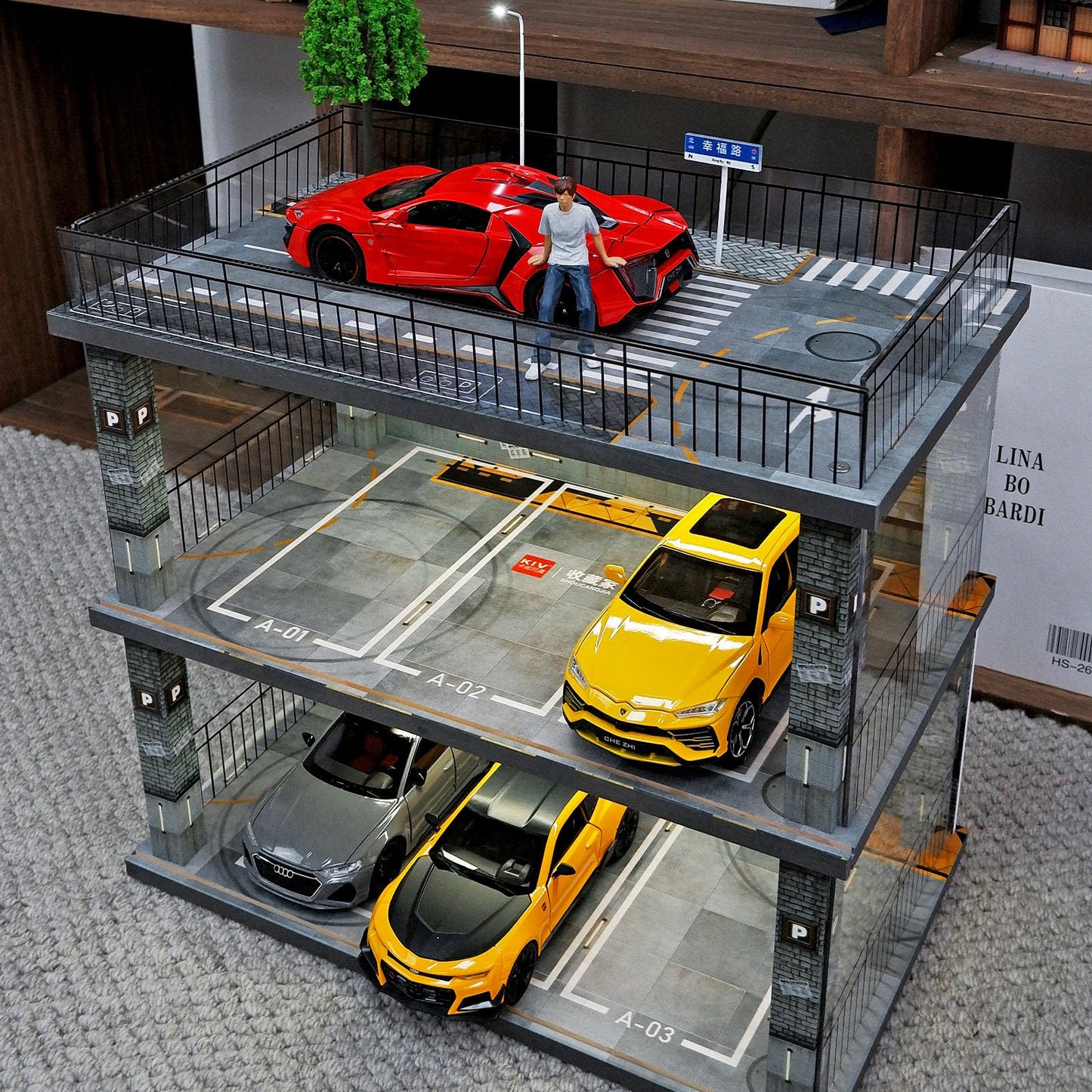 kivcmds Model Car Display Case 1:24 Scale Diecast Cars Diorama Garage Parking lot Collectibles Alloy Car Model Showcase Box Dustproof Storage Shelf with Lights