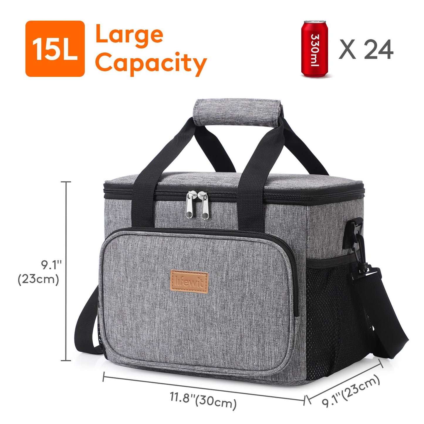 Lifewit Large Lunch Bag Insulated Lunch Box Leakproof Soft Cooler Cooling Tote for Adult Men Women, Waterproof Reusable Cooler Bags for Work Office Outdoor Picnic Camping, Grey, 24-Can (15L)