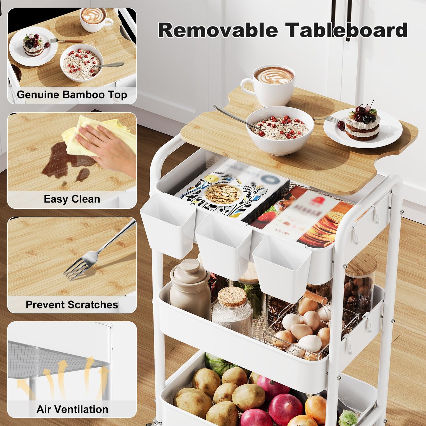 3 Tier Rolling Cart with Wood Table Top, White Bedside Cart on Lockable Wheels, Metal Utility Storage Organizer Carts for Kitchen, Art, Craft, Nail, Salon, Lash, Nursery, Bathroom, Baby Diaper Caddy