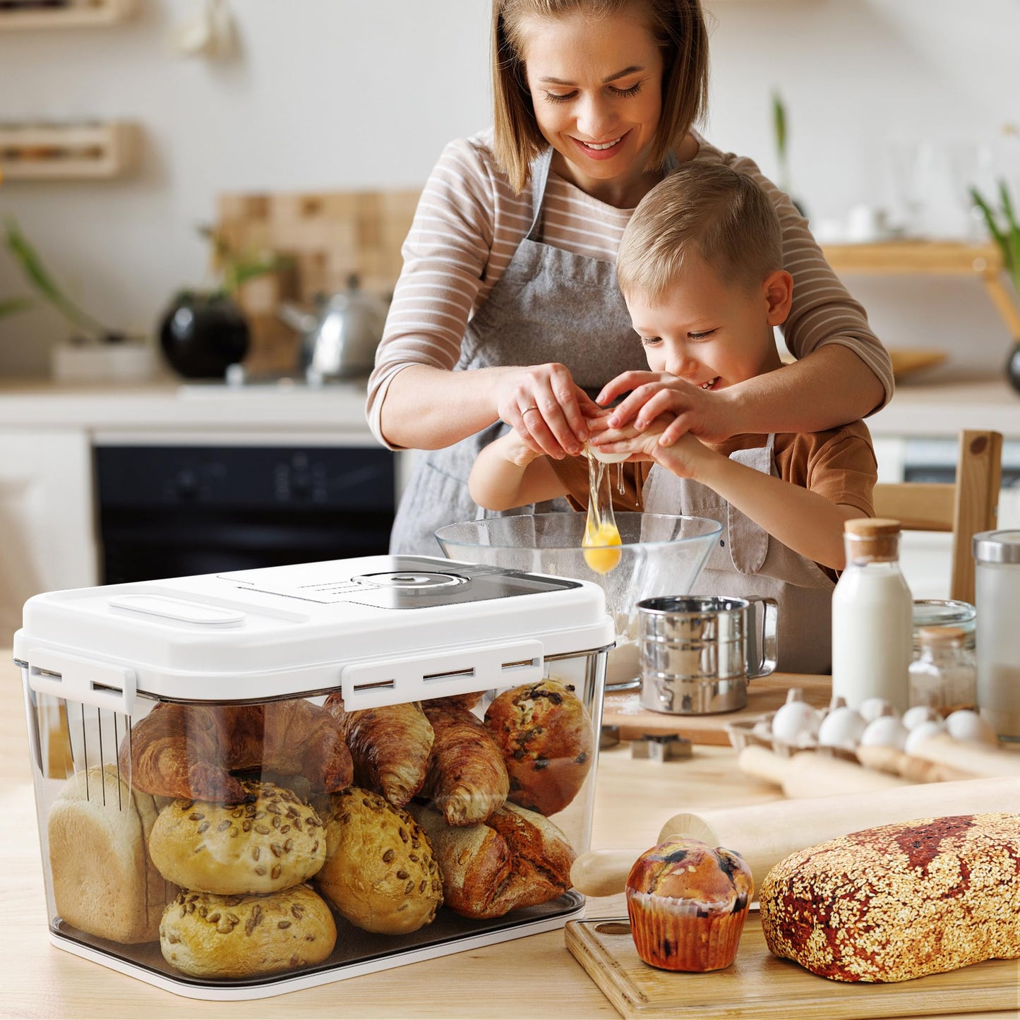 Olimingse Bread Box, Airtight Bread Storage Container, Flip-Top Bread Keeper, Bread Box For Kitchen Countertop, Bread Storage For Homemade Bread, Cookies, Cereal, Fruits, 10L White Bread Holder.