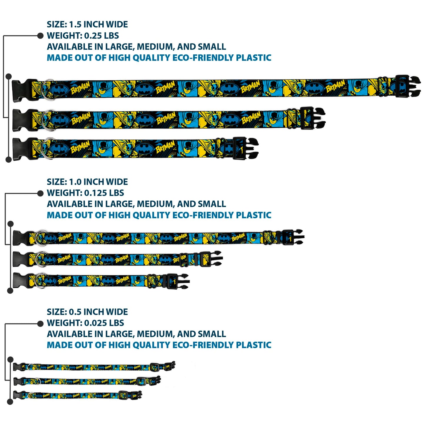 DC Comics Pet Collar, Dog Collar Plastic Buckle, Batman Poses and Logo Collage Black Blue Yellow, 15 to 24 Inches 1.0 Inch Wide