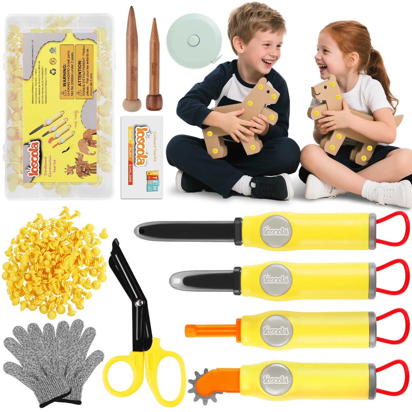 Cardboard Cutter Tools for Kids - 153 Pcs Kids Safe Cardboard Cutter with Saws, Fold-Roller, Cut Resistant Gloves, Tape Measure & More, Construction Toys Kit for 5+ Boys and Girls