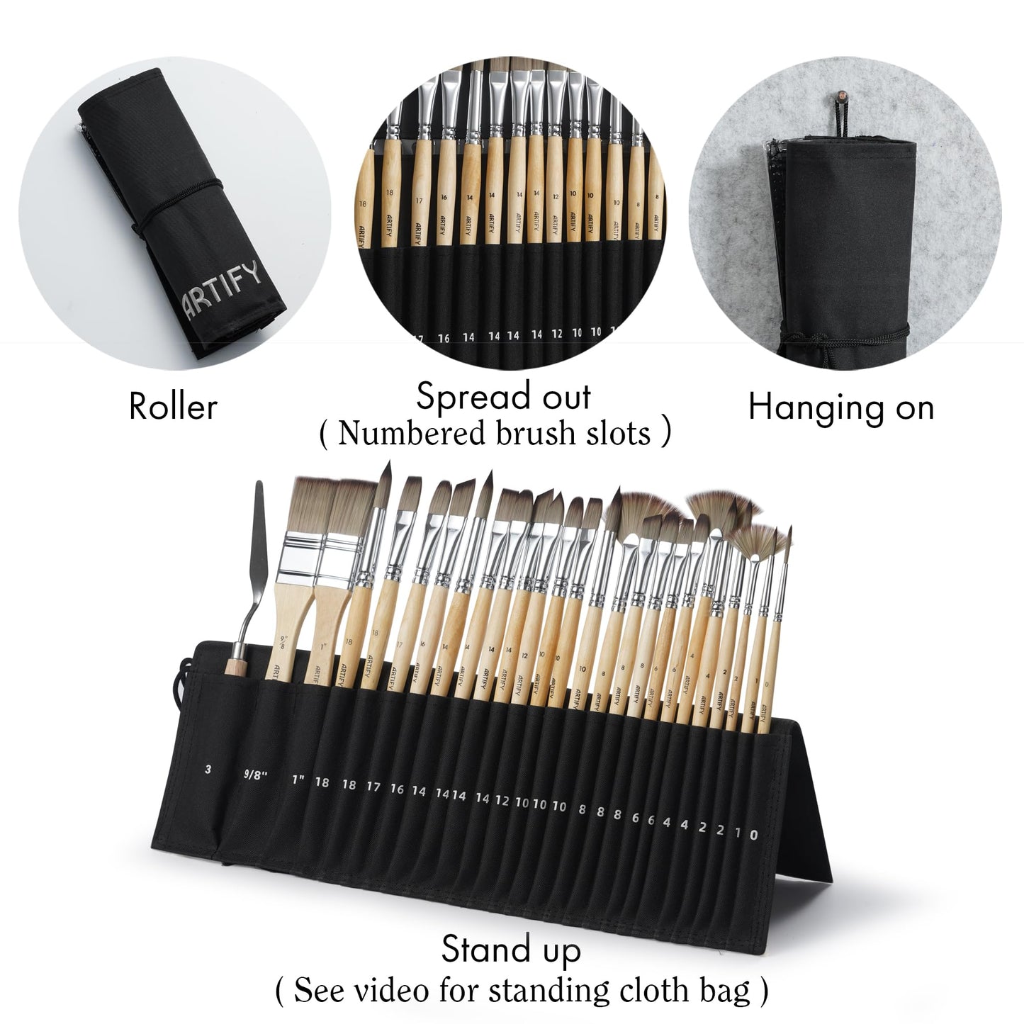 ARTIFY 25 pcs Paint Brush Set,Expert Series,Enhanced Synthetic Brush Set with Canvas Roll and Palette Knife for Acrylic Oil Watercolor Gouache (25 pcs)