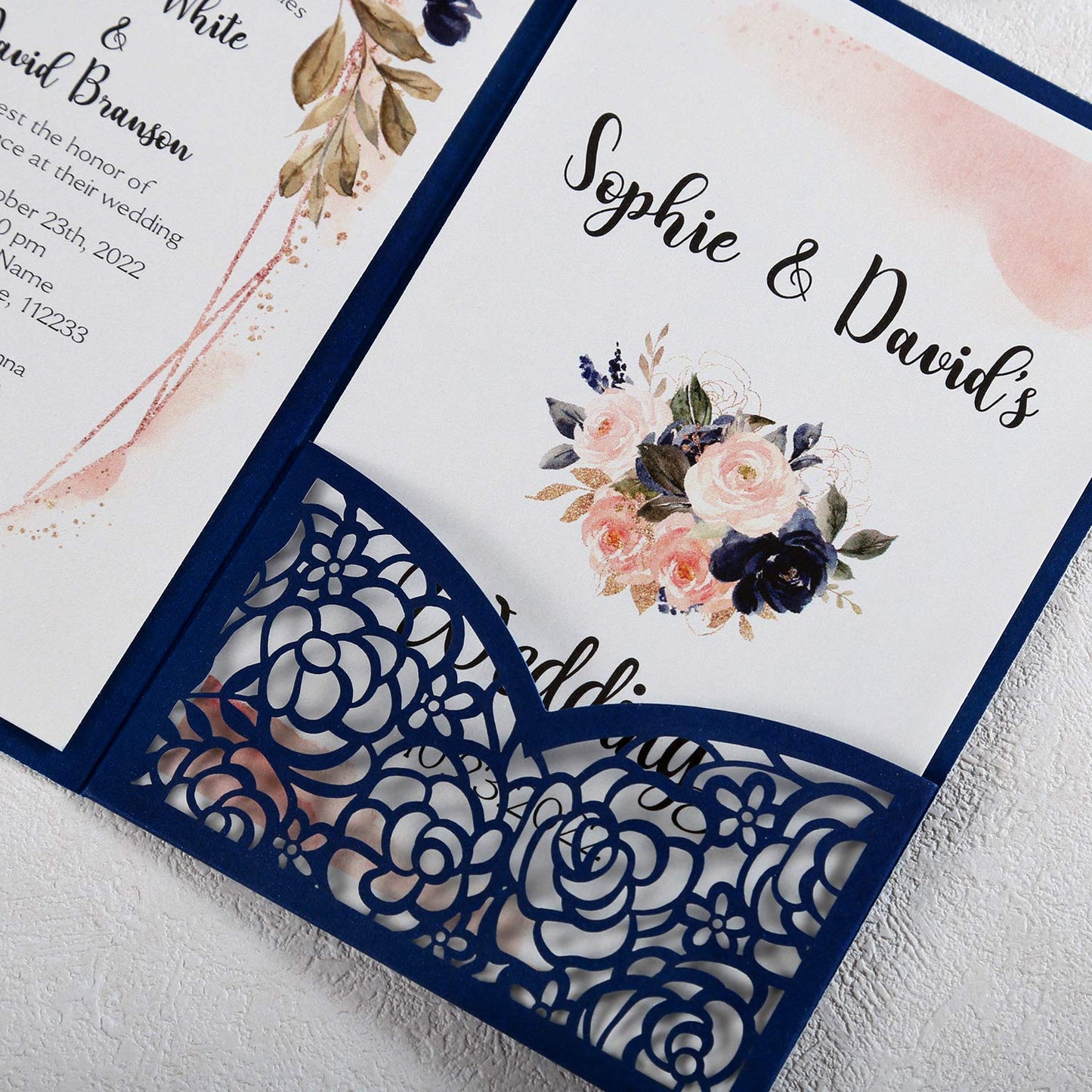 DreamBuilt 4.7 x7 inch 50PCS Blank Navy Blue Wedding Invitations Kit Laser Cut Hollow Rose Pocket Wedding Invitation Cards with Envelopes for Wedding Bridal Shower Engagement Invite