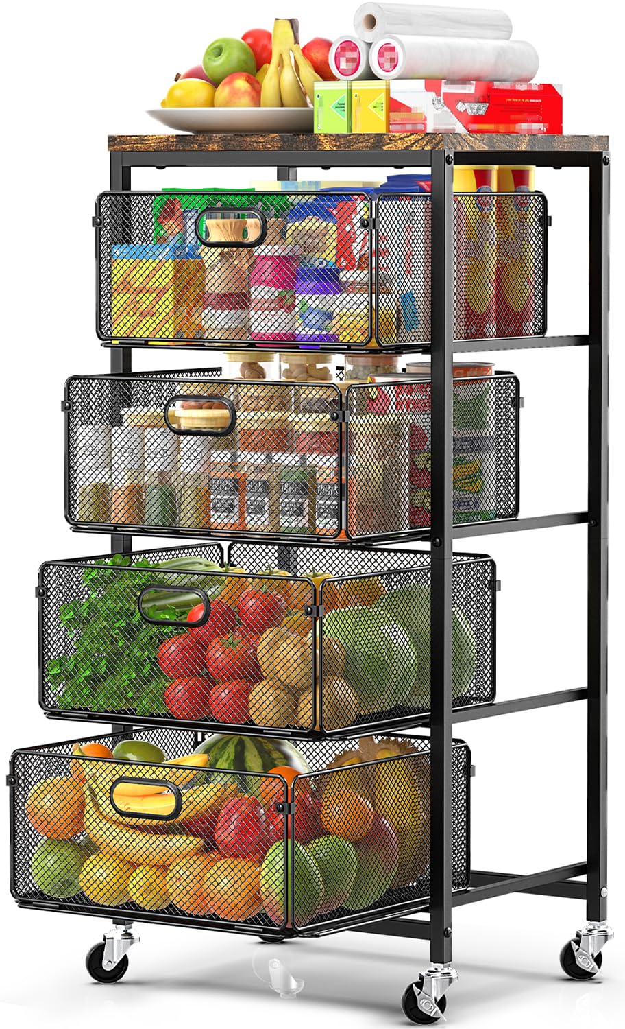 SUNALLY Rolling Storage Cart with Drawers, 4-Tier Utility Cart Snack Organizer with Lockable Wheels Metal Kitchen Storage Drawer Cart on Wheels with Wooden Top for Art Craft Bathroom Bedside, Black