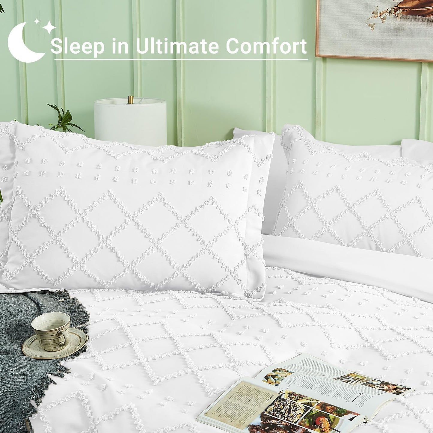 HYMOKEGE Duvet Cover Queen Size, Boho Tufted Duvet Cover Set 3 Pieces, Soft & Lightweight Shabby Chic, Embroidery Bedding Set for All Seasons, 90" × 90" & 2 Pillow Shams, White
