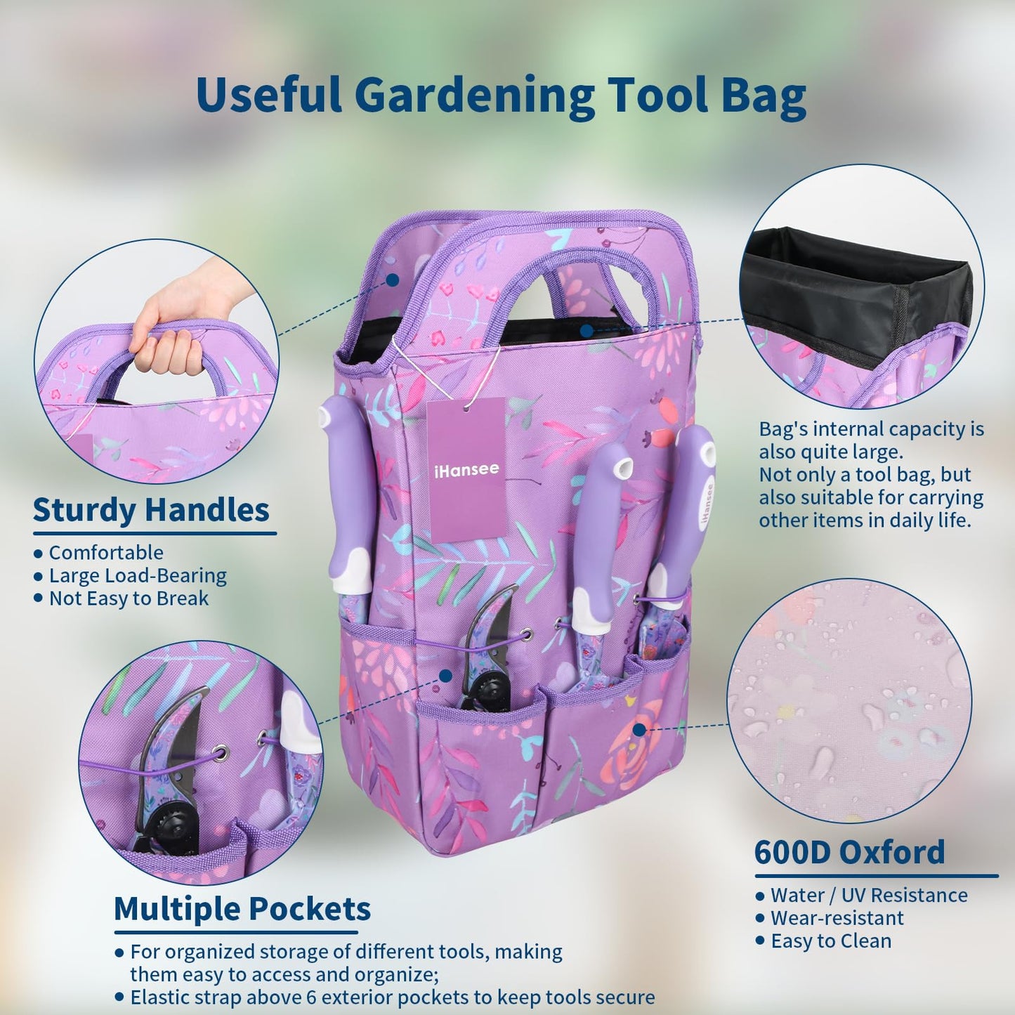 iHansee Purple Garden Tools 10-Piece, Heavy Duty Gardening Tools Set with Non-Slip Ergonomic Handle, Flower Print Garden Tool Bag, Gardening Gifts for Women, Plant Lover Gifts for Mom Grandma