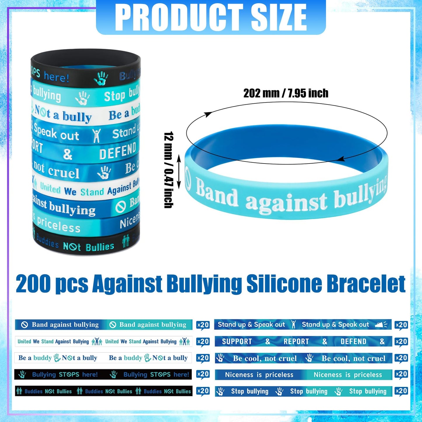 Seenelling 200 Pcs Anti Bullying Wristbands Bulk Against Bullying Silicone Bracelet 10 Styles Unisex Stretchy Motivational Silicone Wristbands for Anti Bullying Awareness Fundraising