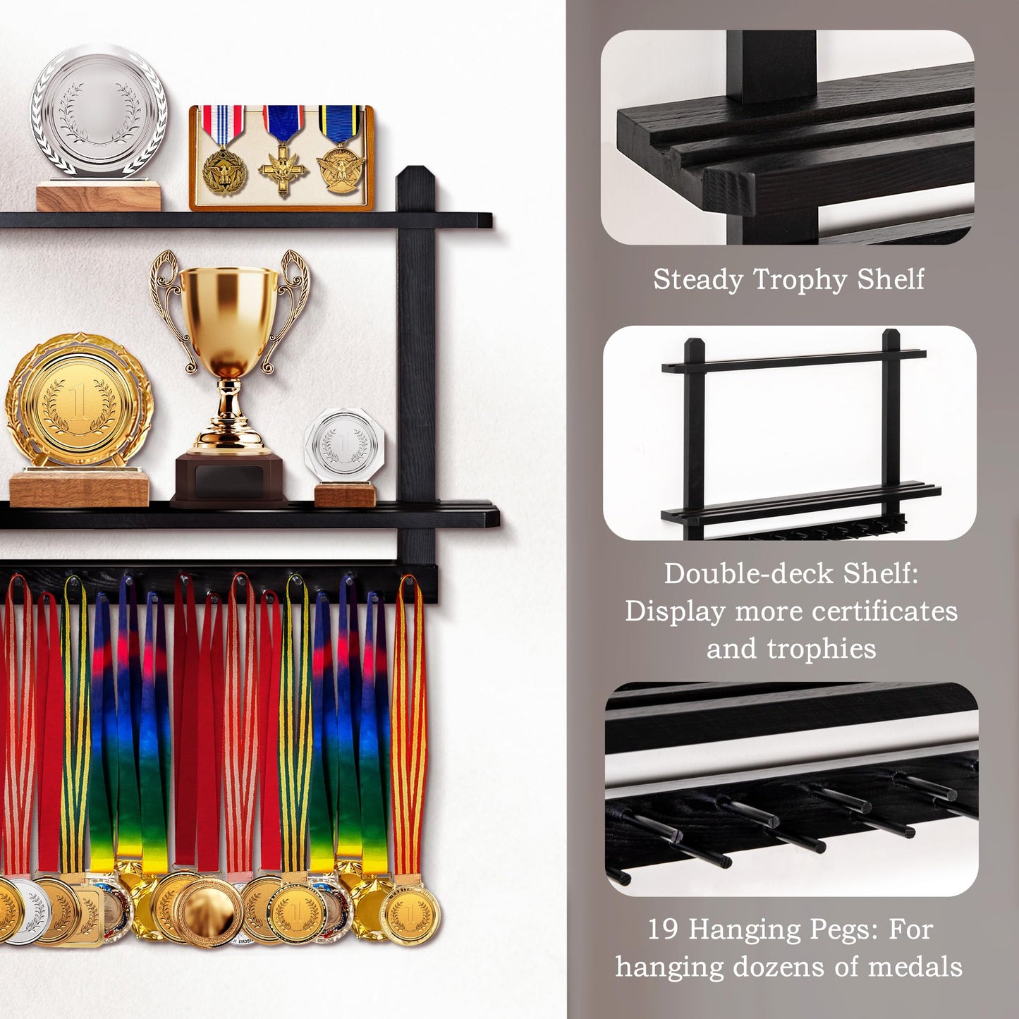 Lavievert Wooden Medal Hanger & Trophy Shelf, Wall-Mounted Race Medal Display with 2 Tier Storage Shelf, Medal Holder Trophy Rack with 19 Hanging Bars - Black