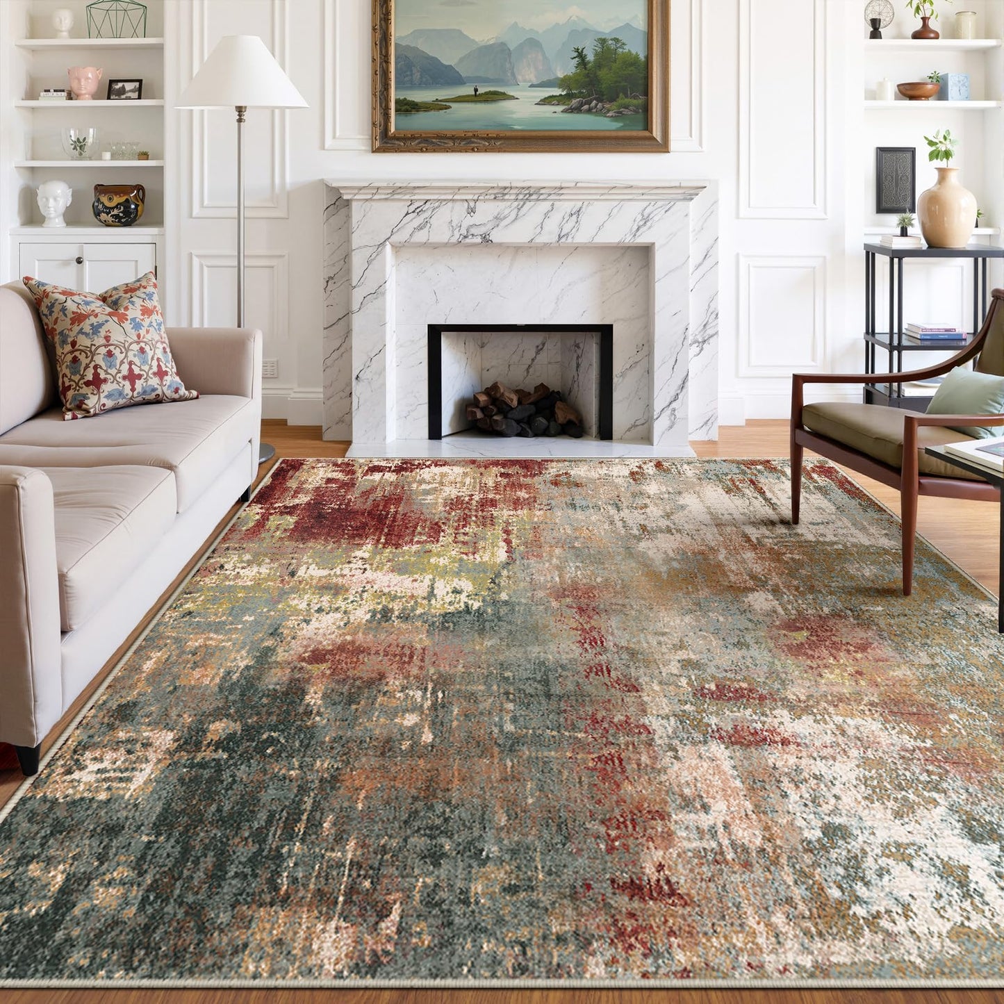RELEANY Washable Area Rug 5'x7' Non-Slip Indoor Modern Abstract Low Pile Soft Carpet Rugs for Living Room Bedroom Home Entryway, Print Pattern, Brown Rust Red Green Blue Multi