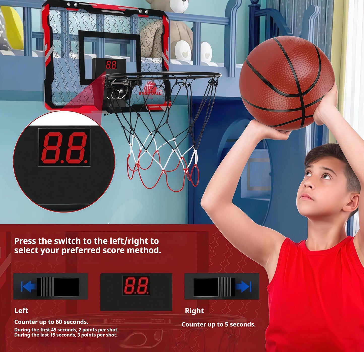 Indoor Mini Basketball Hoop - Over The Door Set for Kids, Automatic Scoring with 3 Balls, for Bedroom/Playroom/Dorm/Travel/Classroom (3-12 Year Old)