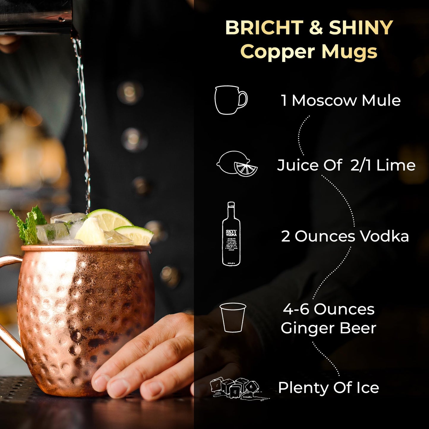 Moscow Mule Copper Mugs - Set of 4 100% Handcrafted Solid 16 oz Copper Mugs with 4 Copper Straws, 1 Stirring Spoon, 1 Copper Shot Glass, 1 Straw Cleaning Brush,Ideal Christmas Gifts for Men Women