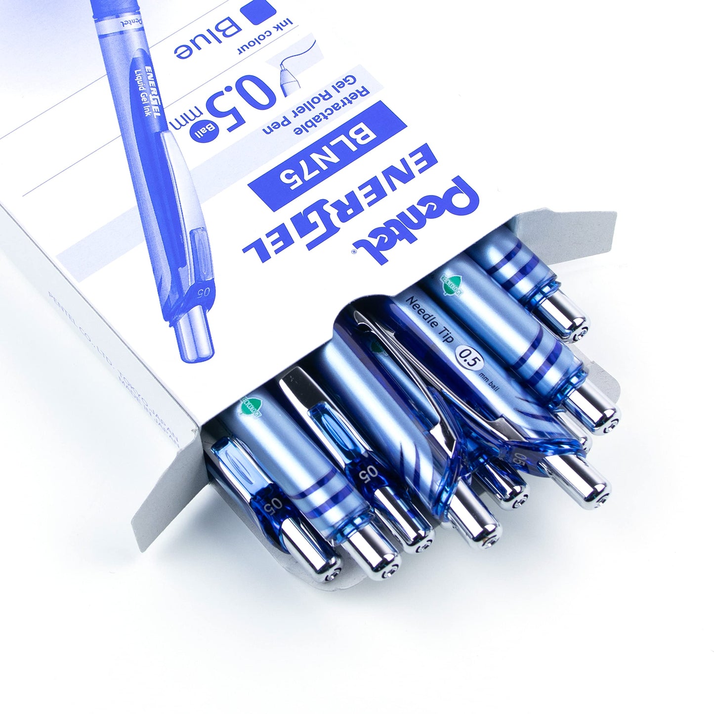 Pentel EnerGel Retractable Liquid Gel Rollerball Pen, Everyday Use, Office Supplies, School Supplies, 0.5mm Fine Needle Point, Blue Ink, BLN75-C, Box of 12