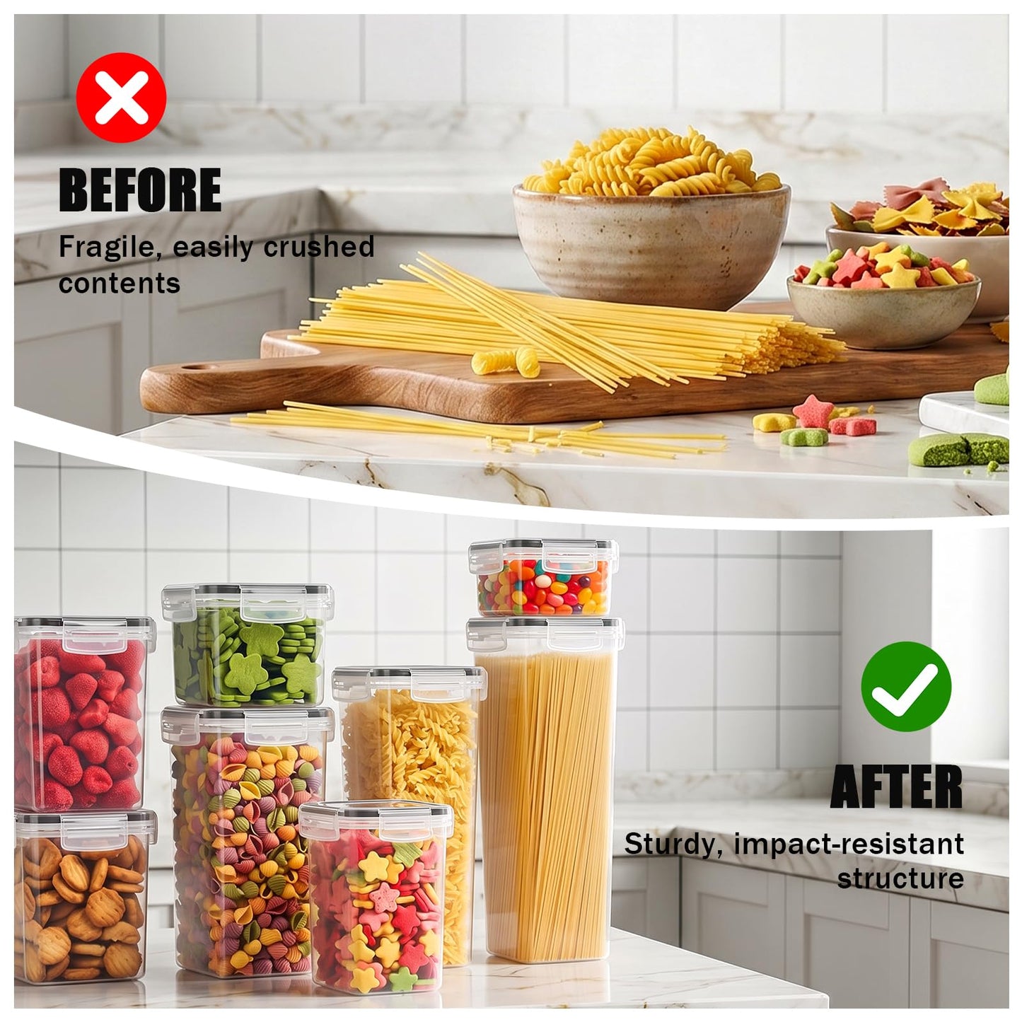 Asnews 15 PCS Airtight Food Storage Containers with Lids, Plastic Kitchen and Organization Canisters for Cereal, Dry Food, Flour and Sugar, BPA-Free, PVC-Free, Includes Labels & Marker