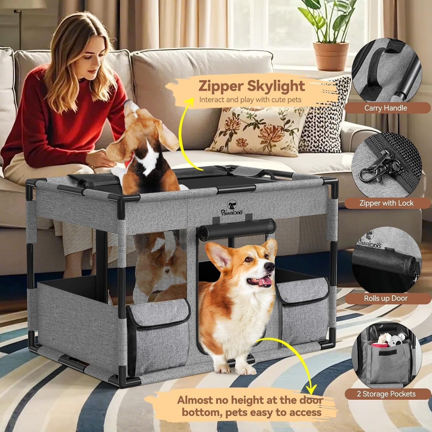 Cat Dog Playpen, 91x61x61cm Portable Puppy Playpen Dog Play Pen Indoors with Cover and Gate, Tear Resistant Thickened Fabric Waterproof Bottom Breathable Mesh Dog Fence for Indoor Outdoor, Grey