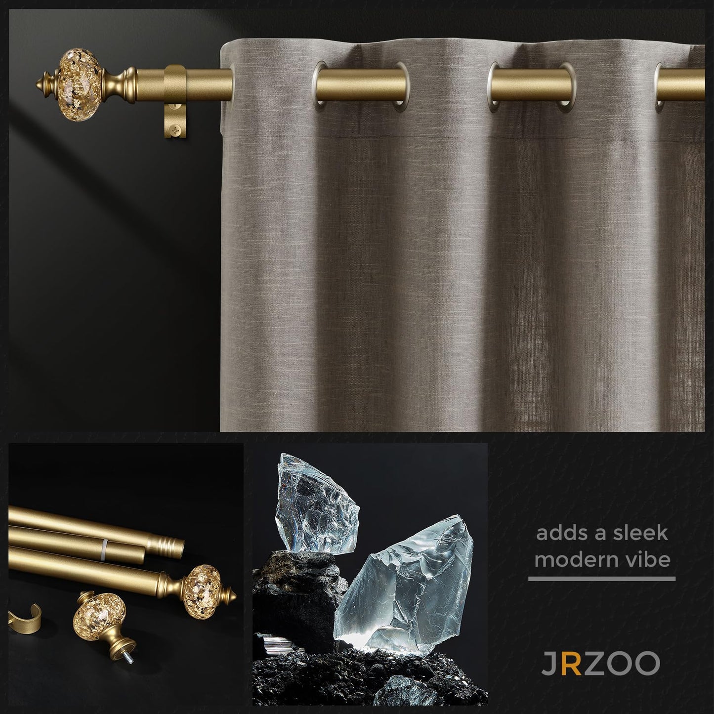2 Pack Gold Curtain Rod for Windows 28 to 48 Inches, 1'' Heavy Duty Adjustable Modern Drapery Rods with Unique Crystal Finials, Luxury Decorative Curtain Rods, Size: 30-60''