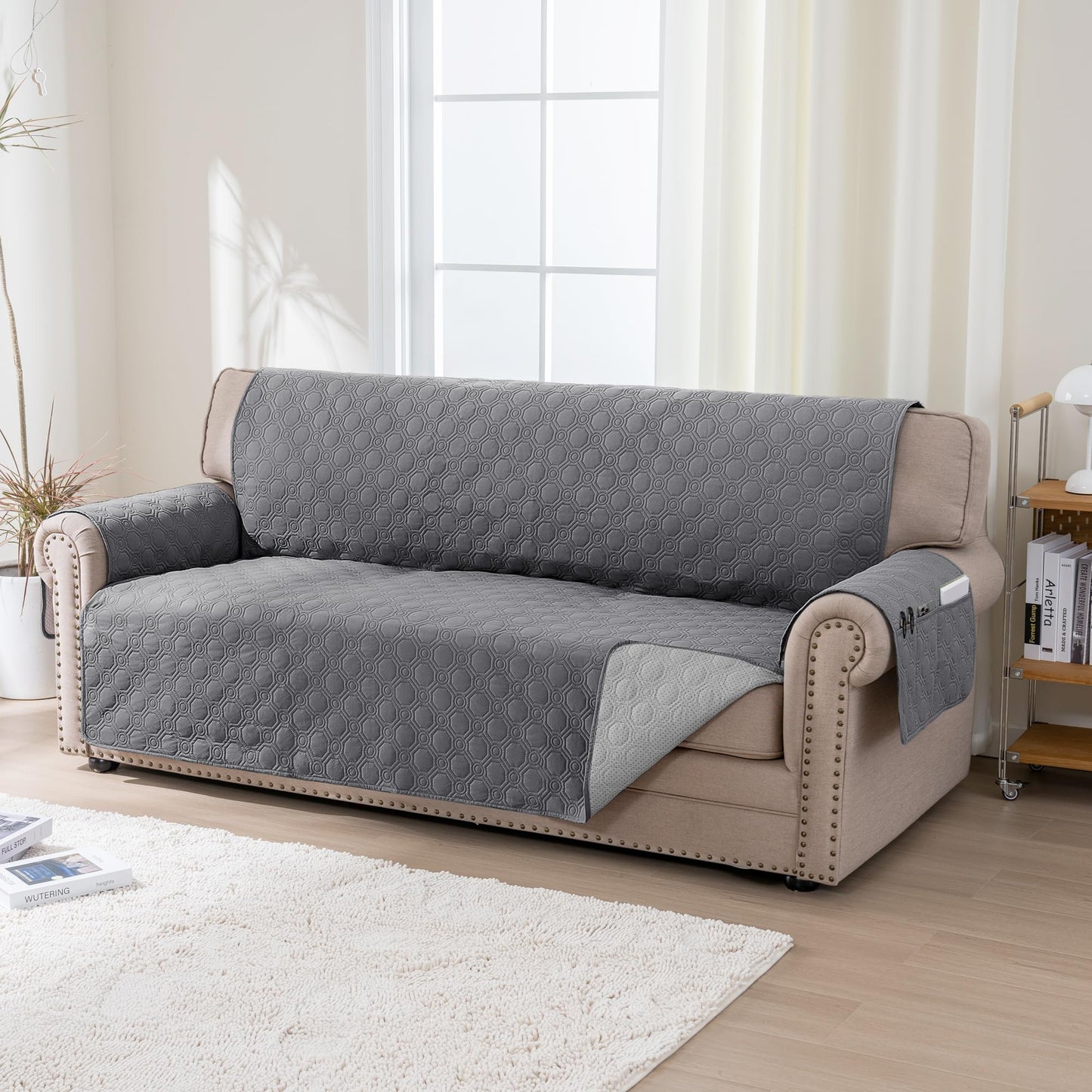 Turquoize 100% Waterproof Sofa Cover 3 Seater Triple Non-Slip Couch Cover Sofa 3 Seater Pet Friendly Sofa Slipcover Furniture Protector for Pets, Dogs, Kids (Large 68", Grey)