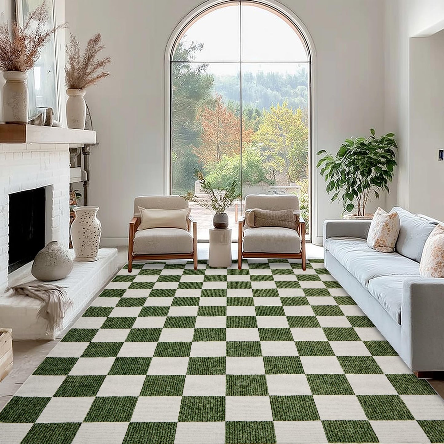 Area Rugs 5x7 for Living Room, Washable Low-Pile Checkered Boho Large Rug for Bedrooms, Non-Slip Soft Flat Print Plaid Carpet for Classroom, ‎Dining Room, Office, Kids Playroom(Green and White)