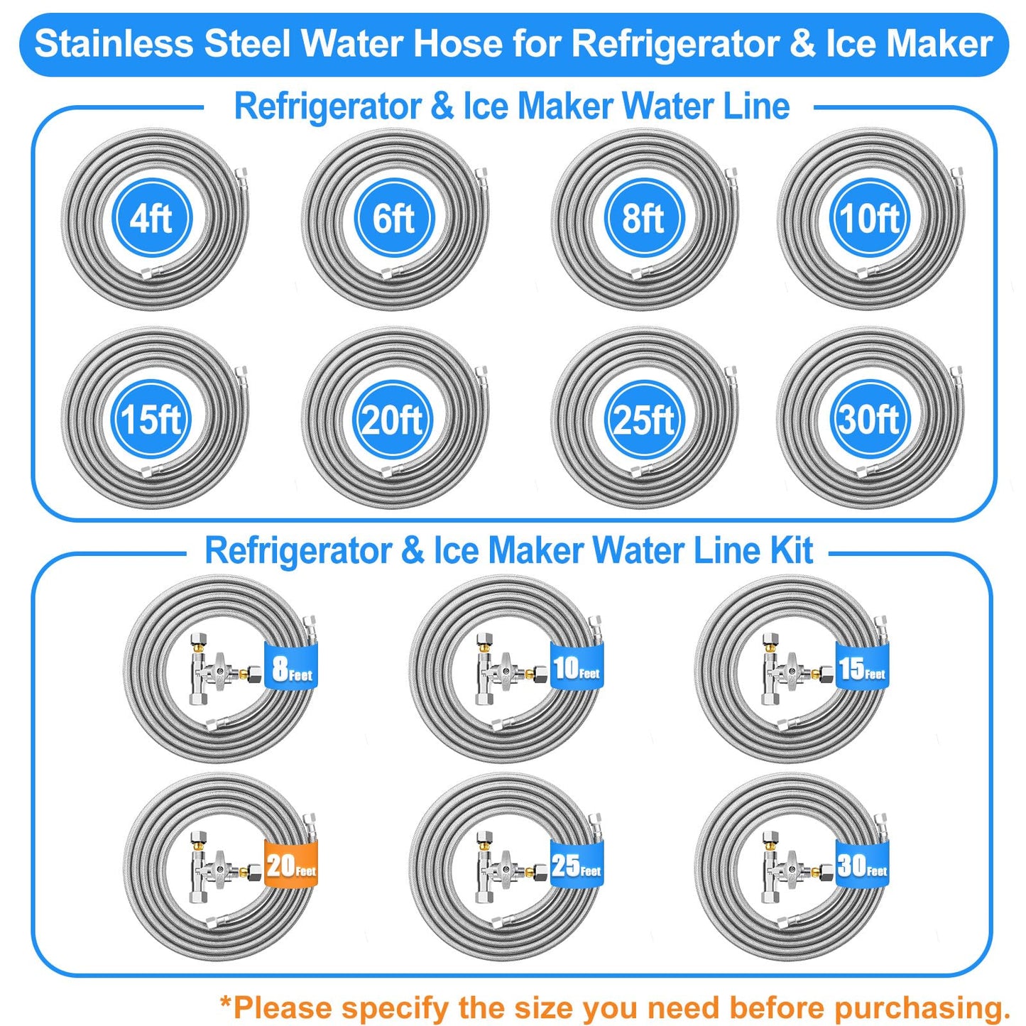 Premium Stainless Steel Braided Refrigerator Water Line - 20FT with Tee Stop Valve, Foodgrade PEX Inner Tube Ice Maker Water Line with 1/4" Fittings