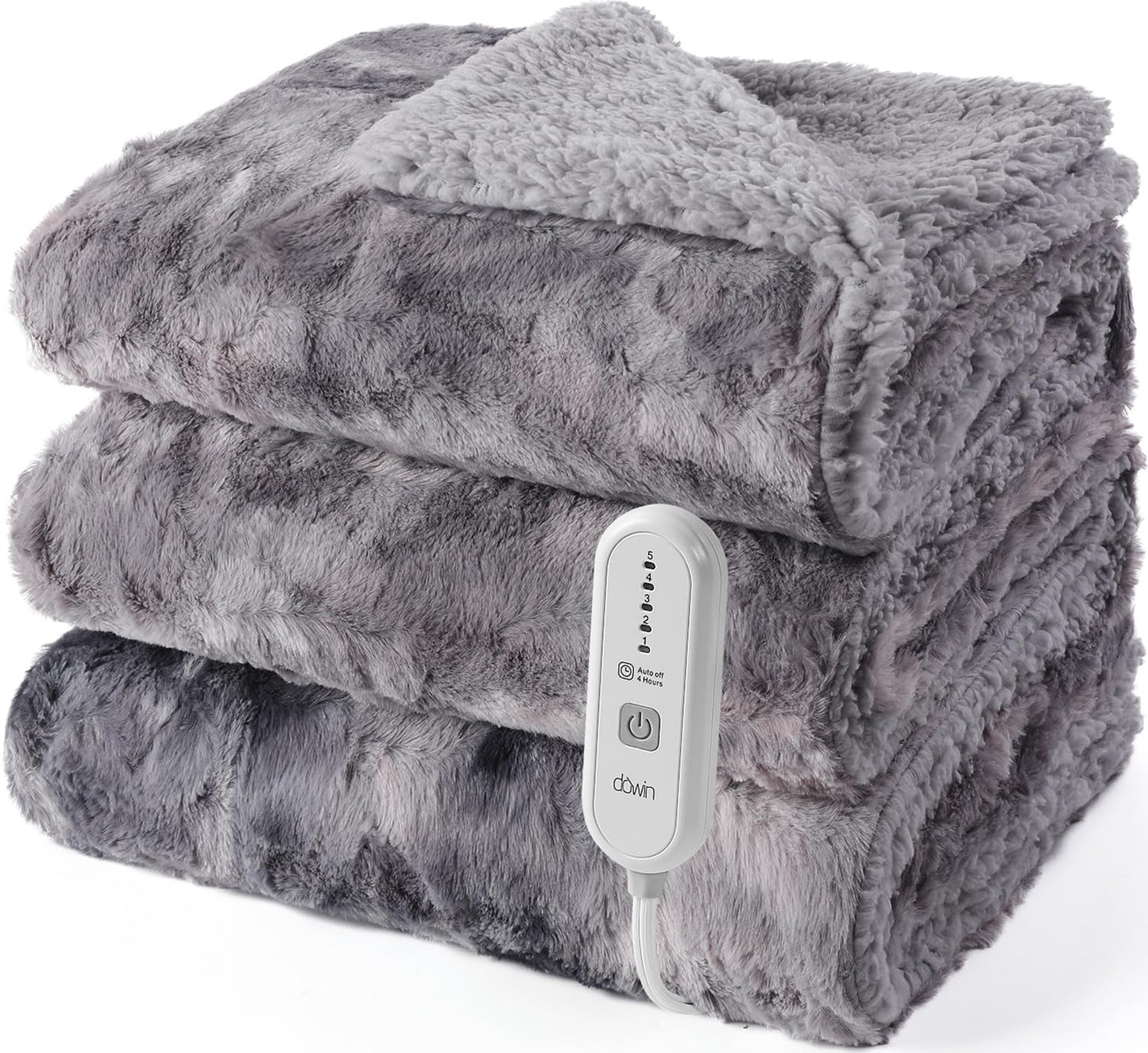 Electric Throw Blanket,50"x 60" Reversible Faux Fur Heated Blanket Throw,5 Heating Levels & 4Hrs Auto Off,Over-Heat Protection Heating Blanket, Machine Washable,Grey