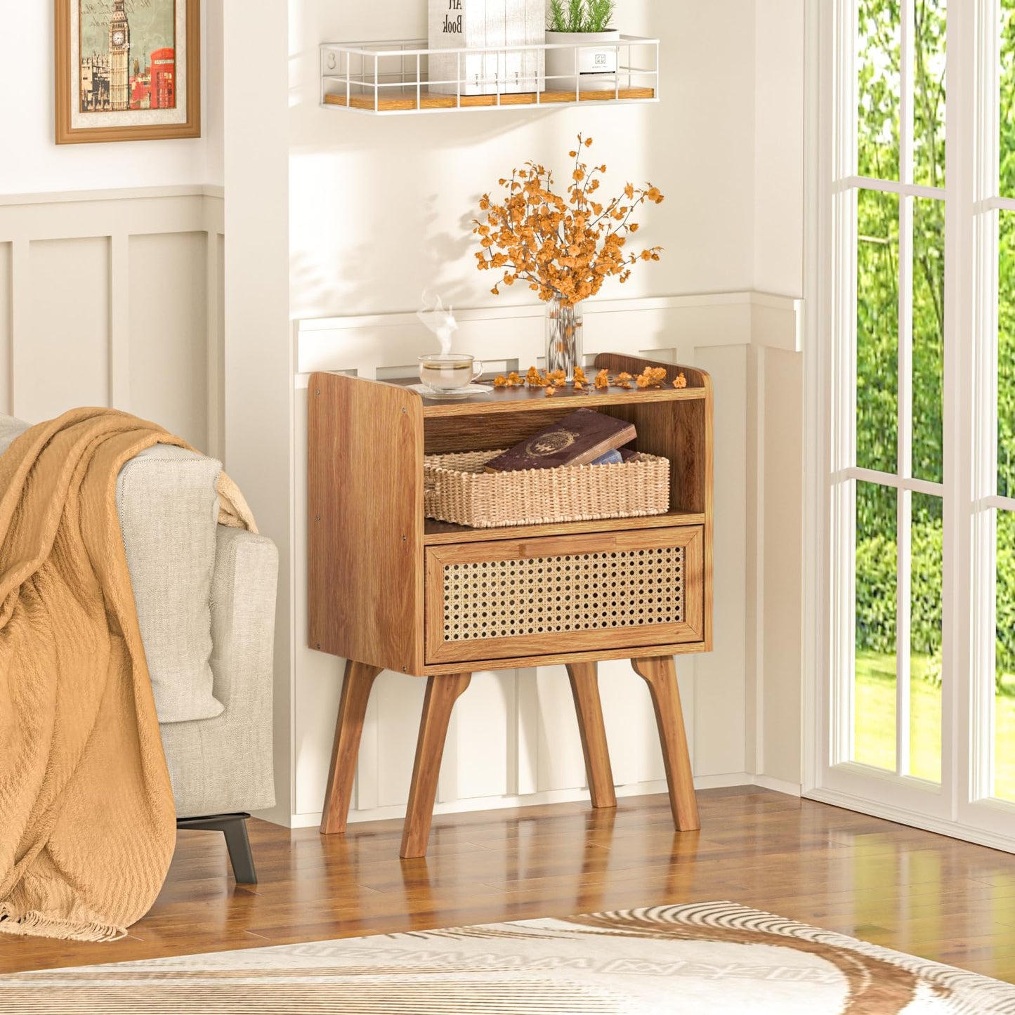 Lerliuo Rattan Nightstand, Boho Side Table with Drawer Open Shelf, Cane Accent Bedside End Table with Solid Wood Legs for Bedroom, Dorm and Small Spaces（Tea Brown）