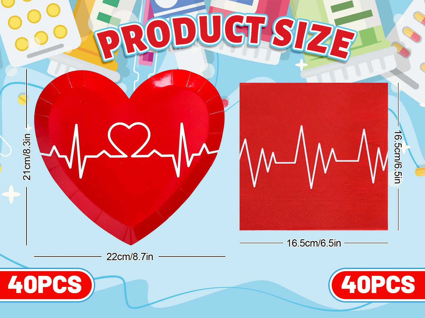 Whaline 80Pcs 2025 Nurse Graduation Tableware Set Red Heart Rate Prints Disposable Dinnerware Set 40Pcs Heart Shape Paper Plates 40Pcs Lunch Napkins for Doctor Nurse Graduation Party Supplies