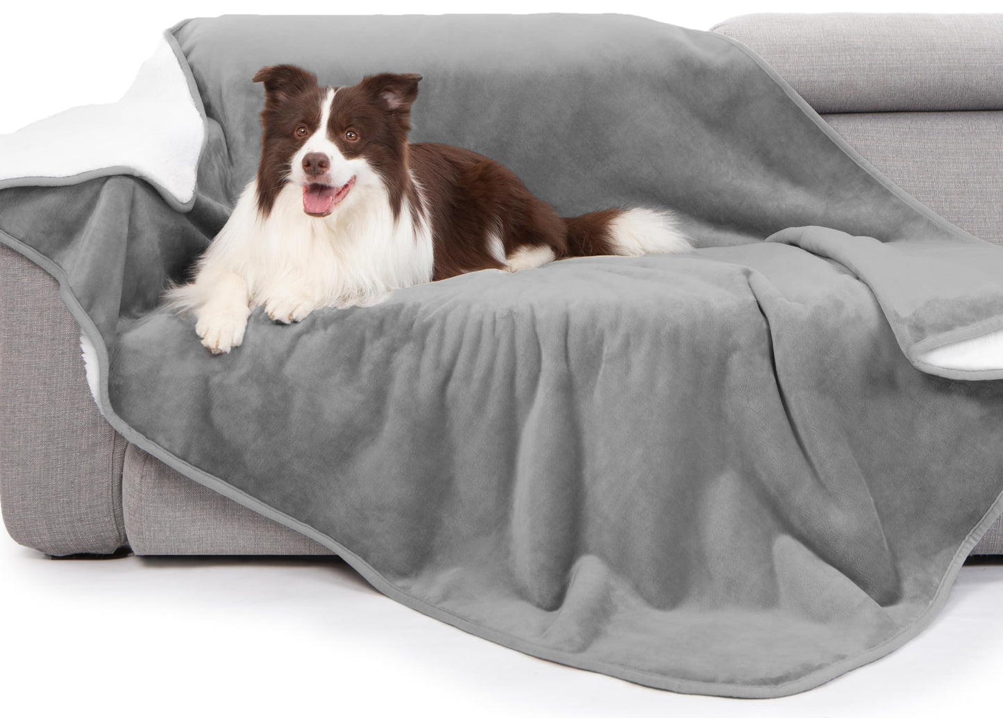 gogobunny Waterproof Bed Blanket, Reversible Sherpa Fleece Throw Blanket for Dog Puppy Cat, Furniture Cover Protects Bed Couch Sofa from Liquid Pee and Pet Fur (Grey, 60x80 inches)