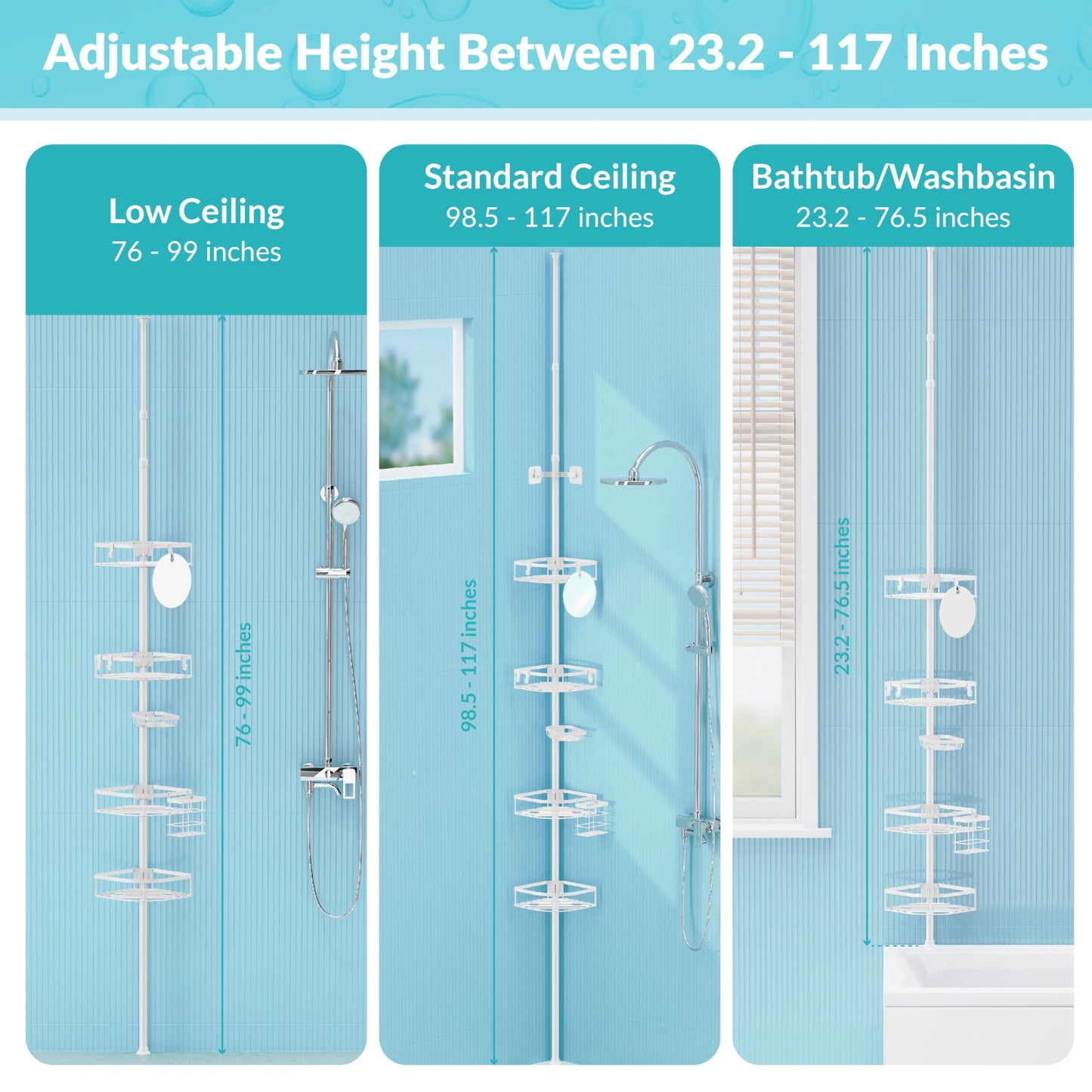 TIMIANO Shower Caddy Tension Pole, 4-Tier Adjustable Corner Shower Standing Caddy, Rustproof Shower Rack for Bathroom Bathtub, with 4 Shelves, No Drilling Shower Shelf for Inside Shower (White)