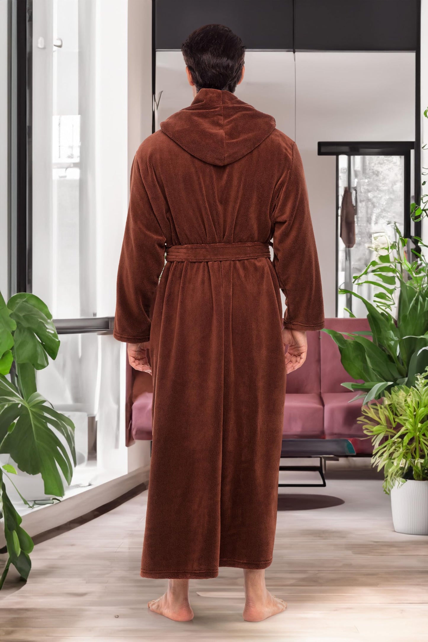 Alexander Del Rossa Men?s Robe, Plush Fleece Hooded Bathrobe with Two Large Front Pockets and Tie Closure, Cappuccino Brown, Small-Medium