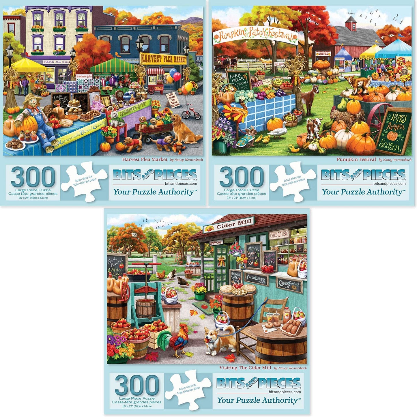 Bits and Pieces- Value Set of Three (3) 300 Piece Jigsaw Puzzles for Adults - Measure 18" x 24" (46cm x 61cm) Each - 300 pc Harvest Flea Market, Pumpkin Festival, The Cider Mill by Nancy Wernersbach