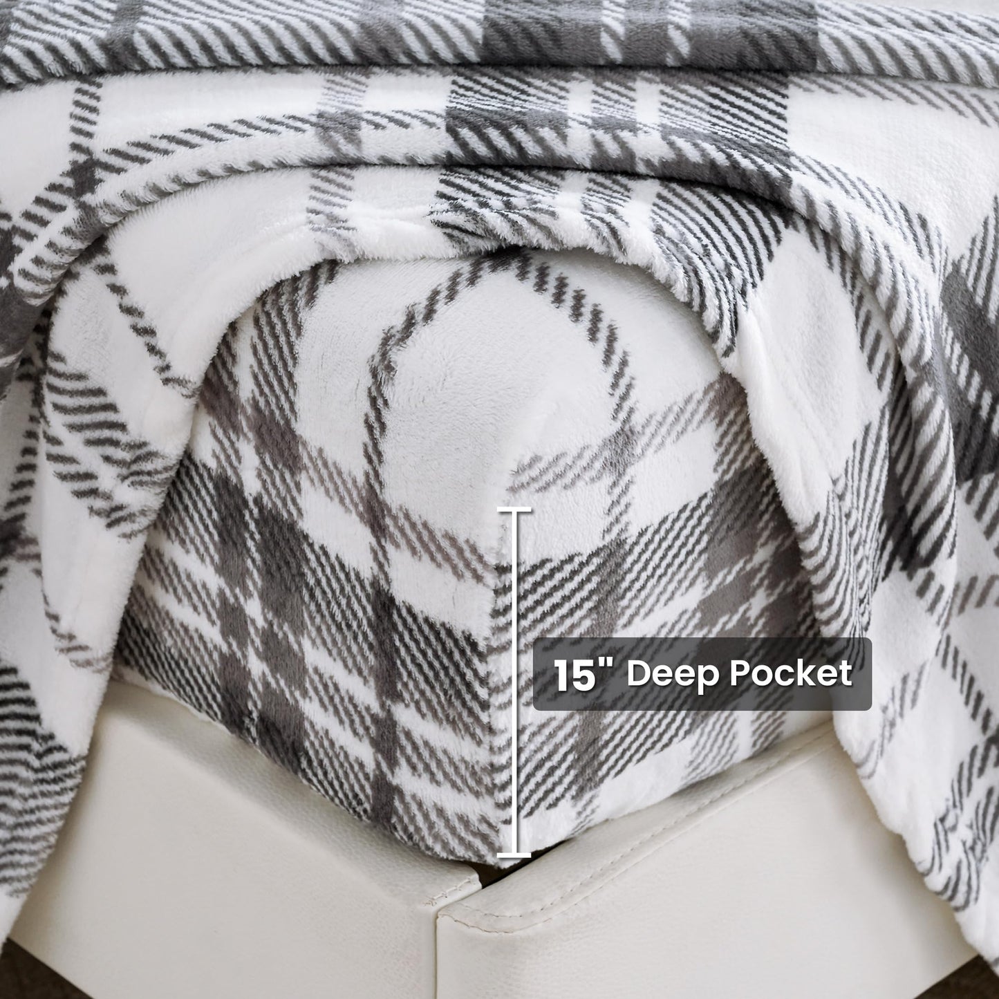 Viviland Plush Micro Fleece Queen Bed Sheet Set - Soft Fuzzy Polar Fleece Velour Velvet Sheets - Extra Warm Winter Fleece Bed Sheets with 15" Deep Pocket - Grey Plaid - Queen
