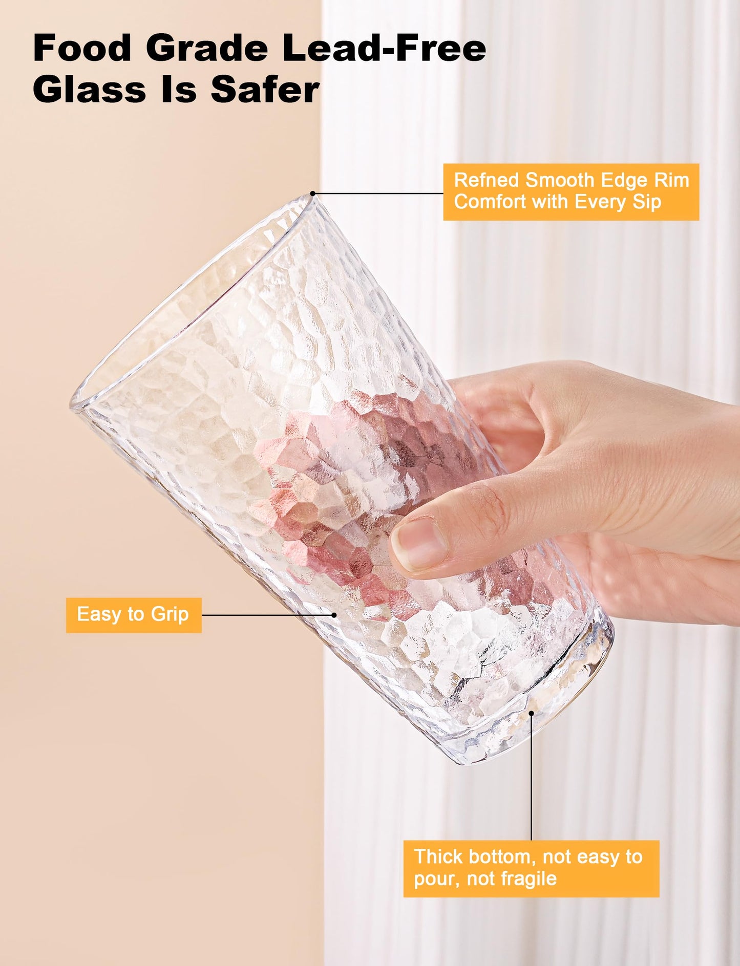 AMYOOLE Drinking Glasses Set of 8,16oz Clear Highball Water Glasses,Stackable Lead-Free Hammered Glass Cups,Kitchen Drinkware Glassware for Cocktail,Beer,Juice,Iced Tea,Margaritas and Mixed Drinks
