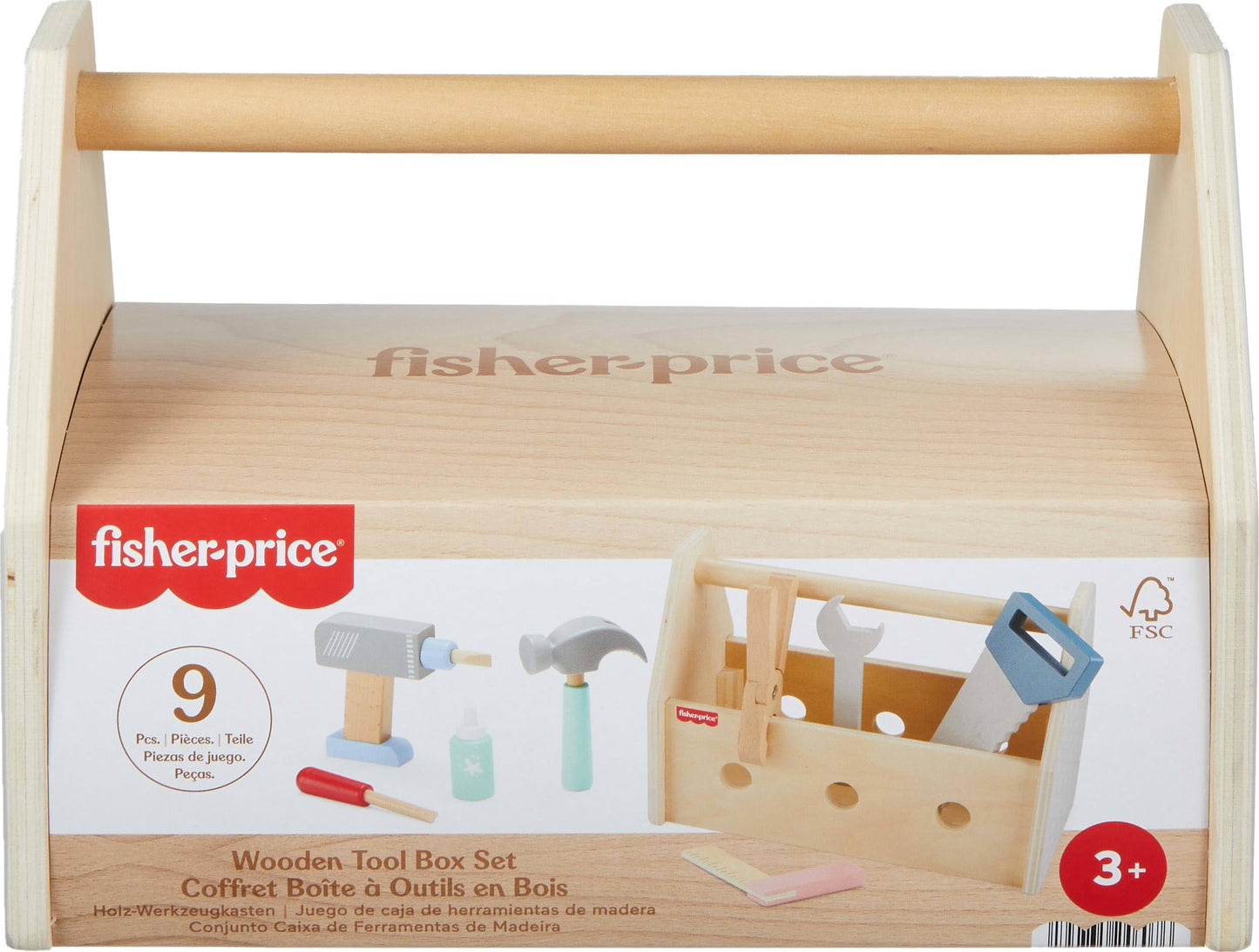 Fisher-Price Wood Pretend Play Toy Tool Box with Drill, 9-Piece Wooden Set for Building Construction Play Preschool Kids Ages 3+ Years